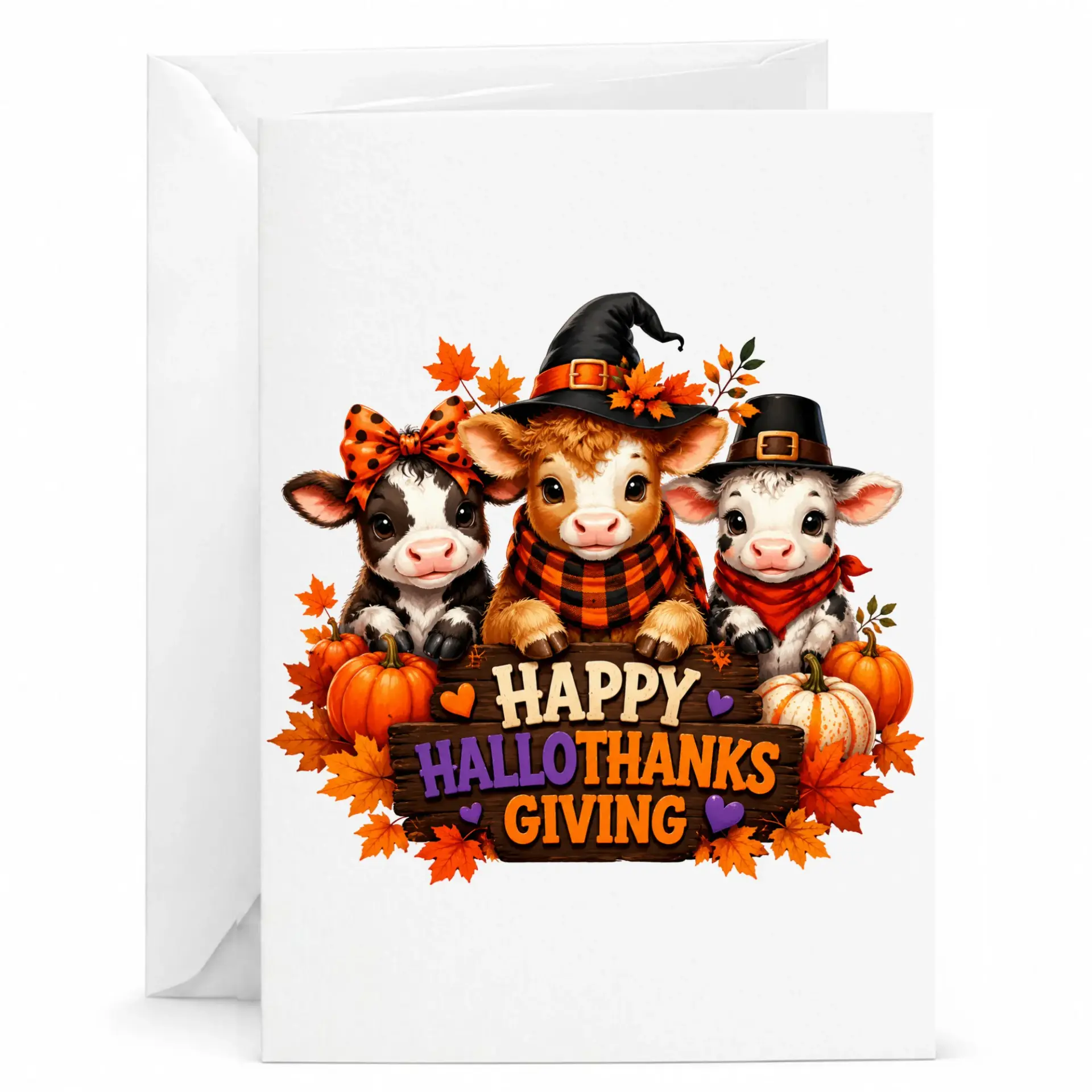 Funny Greeting Card Happy Hallothanksgiving Featuring Three Cute Farm Animals Wearing Autumn Costumes