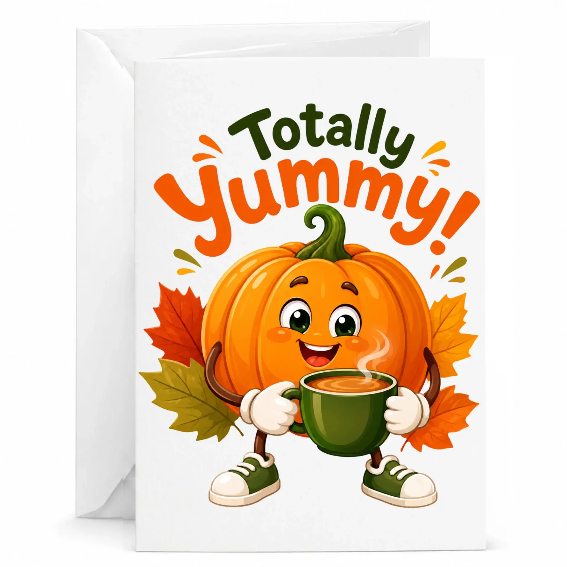 Funny Greeting Card Totally Yummy Pumpkin with Coffee Cup for Fall Autumn Seasonal and Appreciation