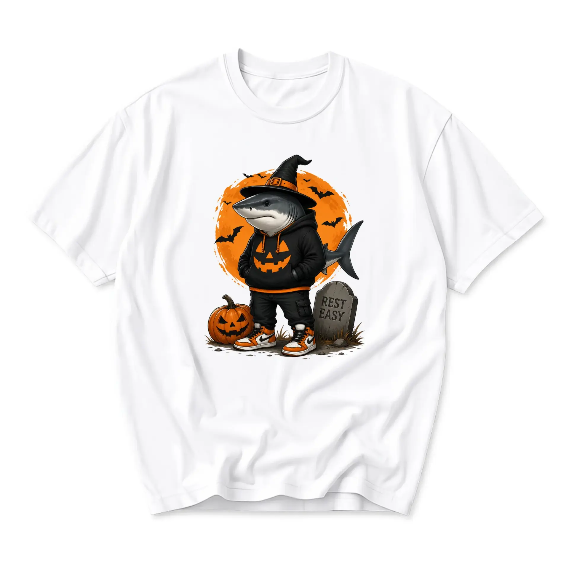 Graphic Tee Shark Wearing Halloween Witch Hat and Pumpkin Hoodie Print Unisex Crew Neck Casual Cotton Shirt