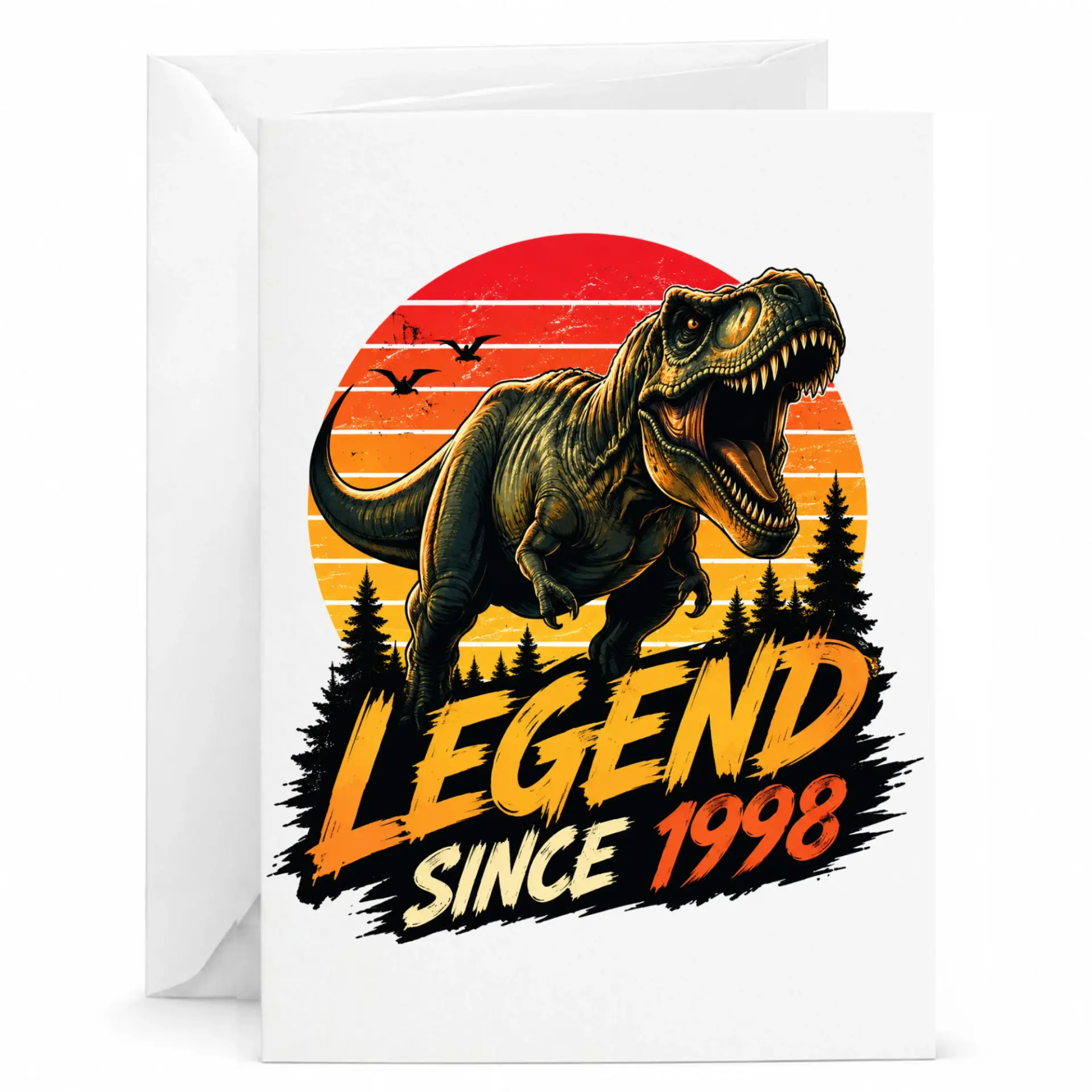 Funny Dinosaur Birthday Card Legend Since 1998 Retro Sunset Graphic Greeting Card for Milestone Year Celebration