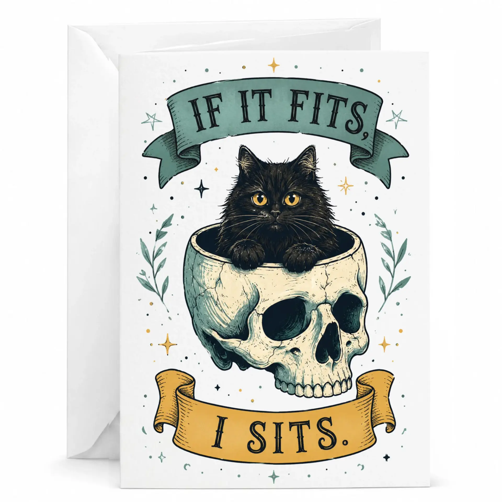 Funny Cat Greeting Card If It Fits I Illustration Featuring a Black Inside a Skull Design for Pet Lovers