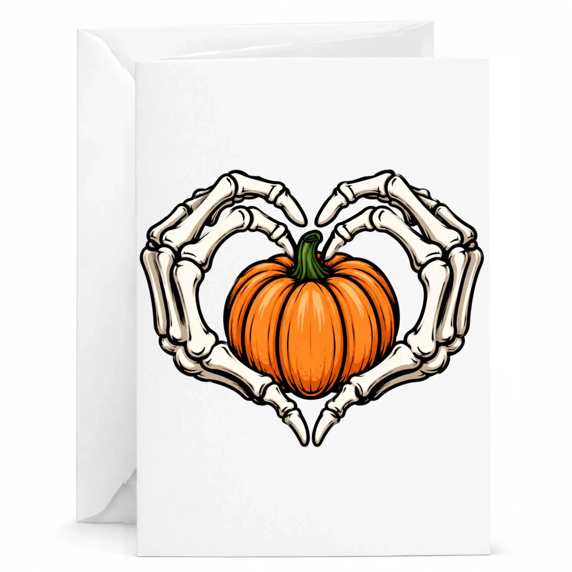 Greeting Card Skeleton Hands Holding Pumpkin Heart Illustration for Autumn Seasonal Gifting and Fall