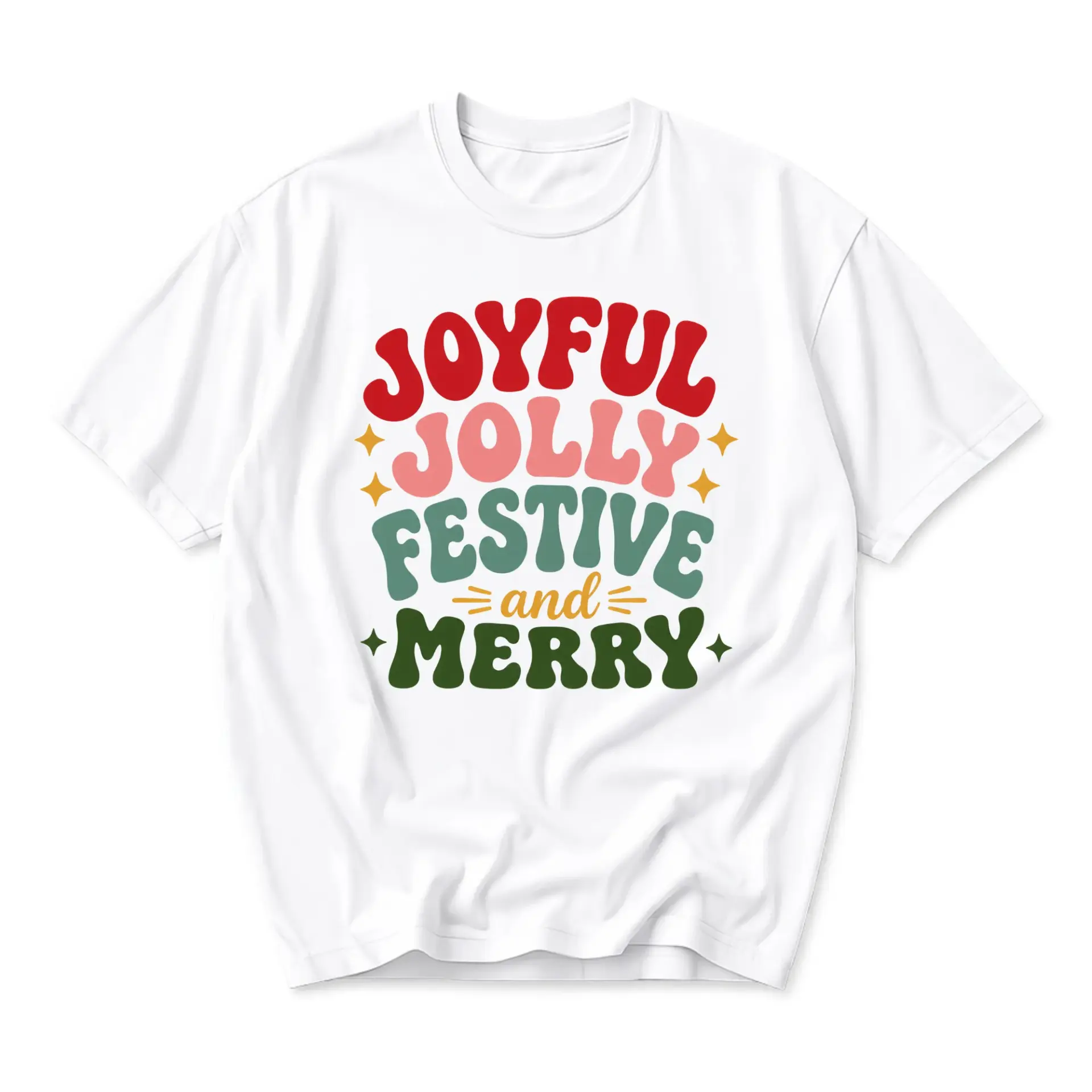 Graphic Tee Unisex Holiday Retro Style Shirt Joyful Jolly Festive and Merry Seasonal Typography Print Crew Neck Apparel
