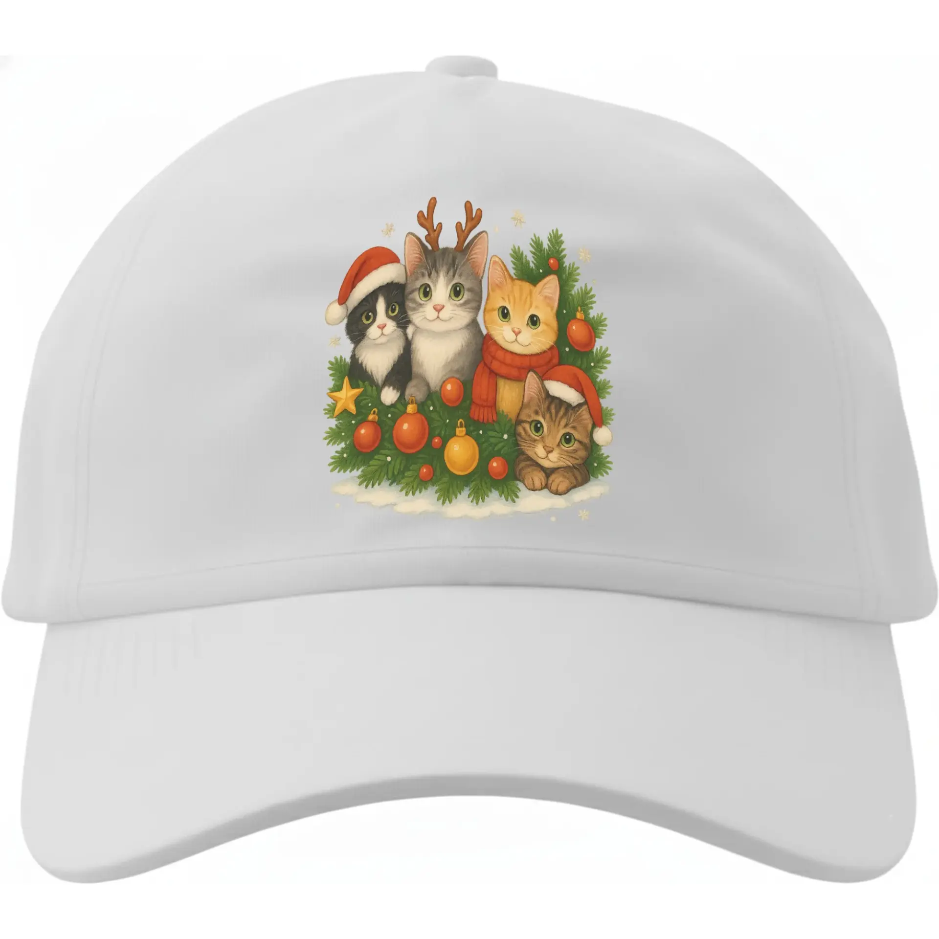 Baseball Cap Featuring Cute Cats in Christmas Tree Holiday Graphic Print Adjustable Unisex Low Profile Hat