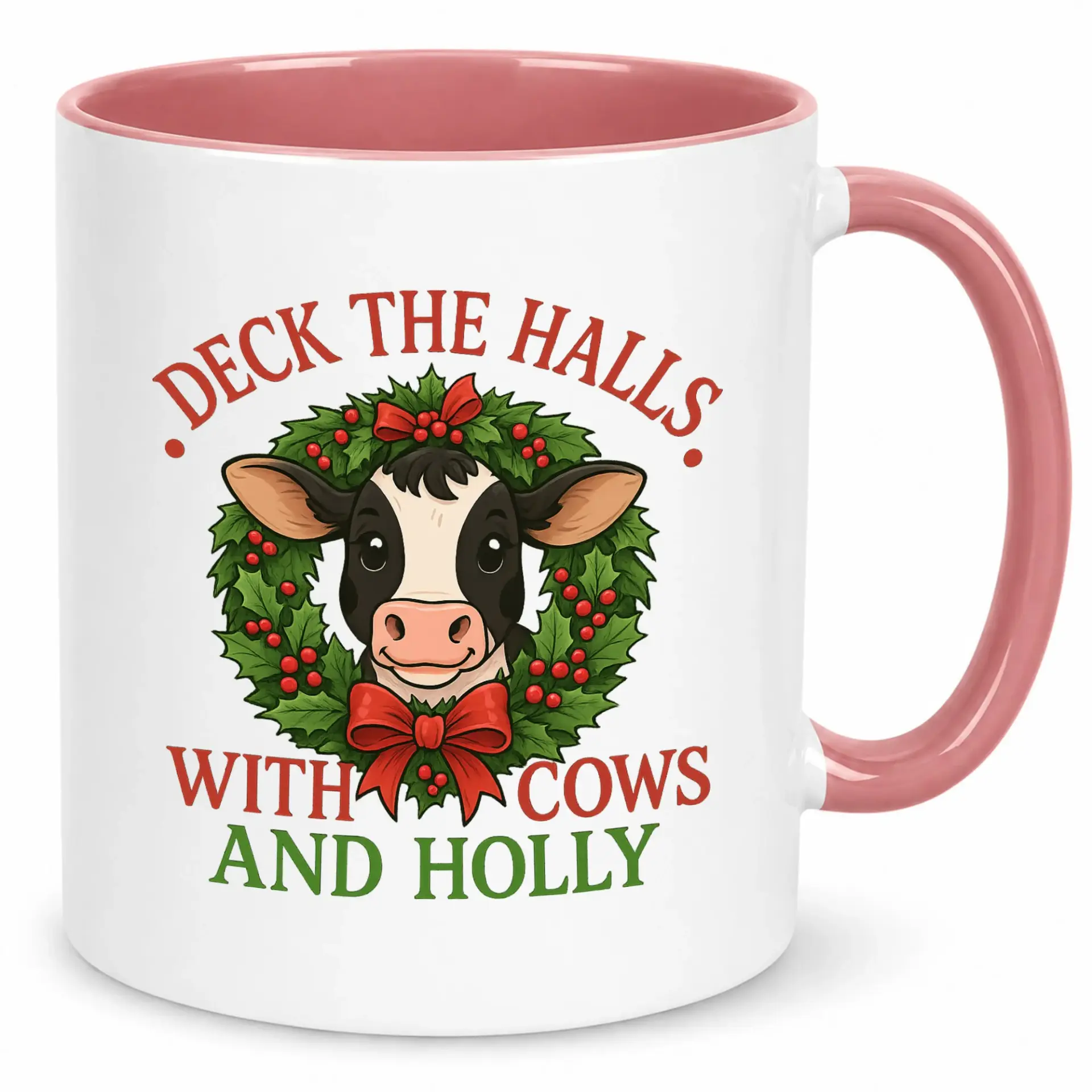 Funny Christmas Coffee Mug with Festive Cow and Holly Wreath Design, Unique Holiday Ceramic Beverage Cup for Farm Animal Lovers