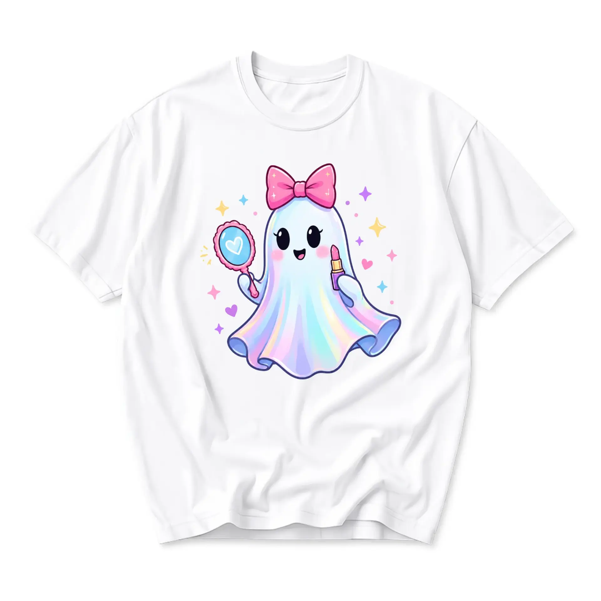 Graphic Tee Cute Ghost Holding Mirror and Lipstick Aesthetic Unisex Crew Neck Casual Everyday Short Sleeve Shirt