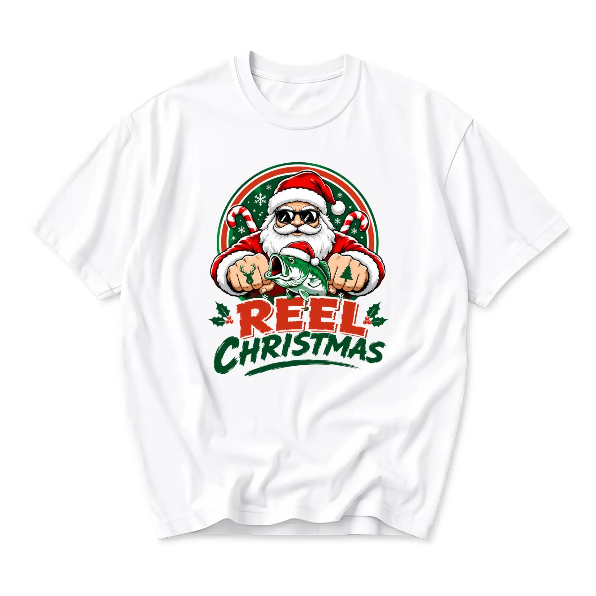 Funny Shirt Reel Christmas Fishing Santa Graphic Tee Unisex Crew Neck Short Sleeve Casual Cotton Blend Apparel White