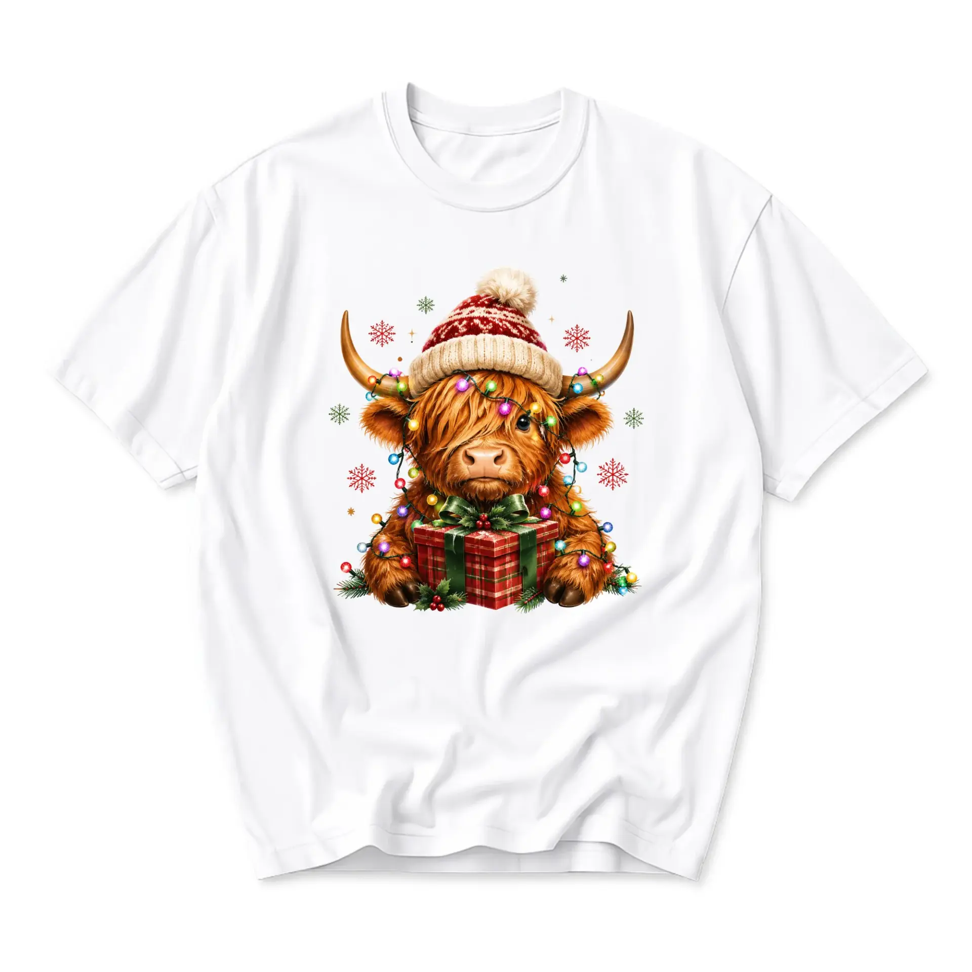 Graphic Tee Highland Cow Christmas Light Gift Print Unisex Casual Crew Neck Soft Cotton Blend Everyday Short Sleeve