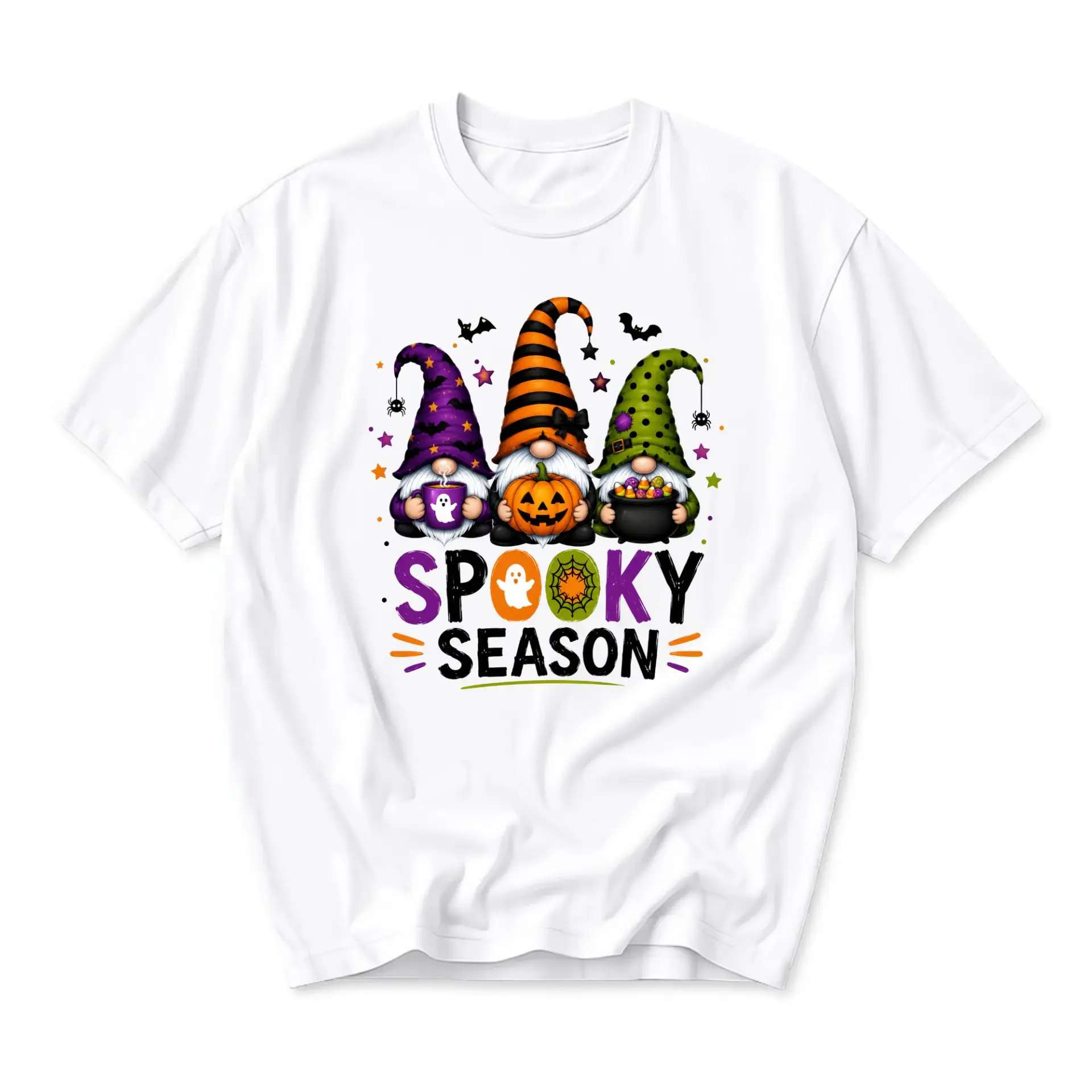 Graphic Tee Spooky Season Gnomes Halloween Pumpkin Shirt Casual Unisex Short Sleeve Crew Neck Cotton Blend Apparel