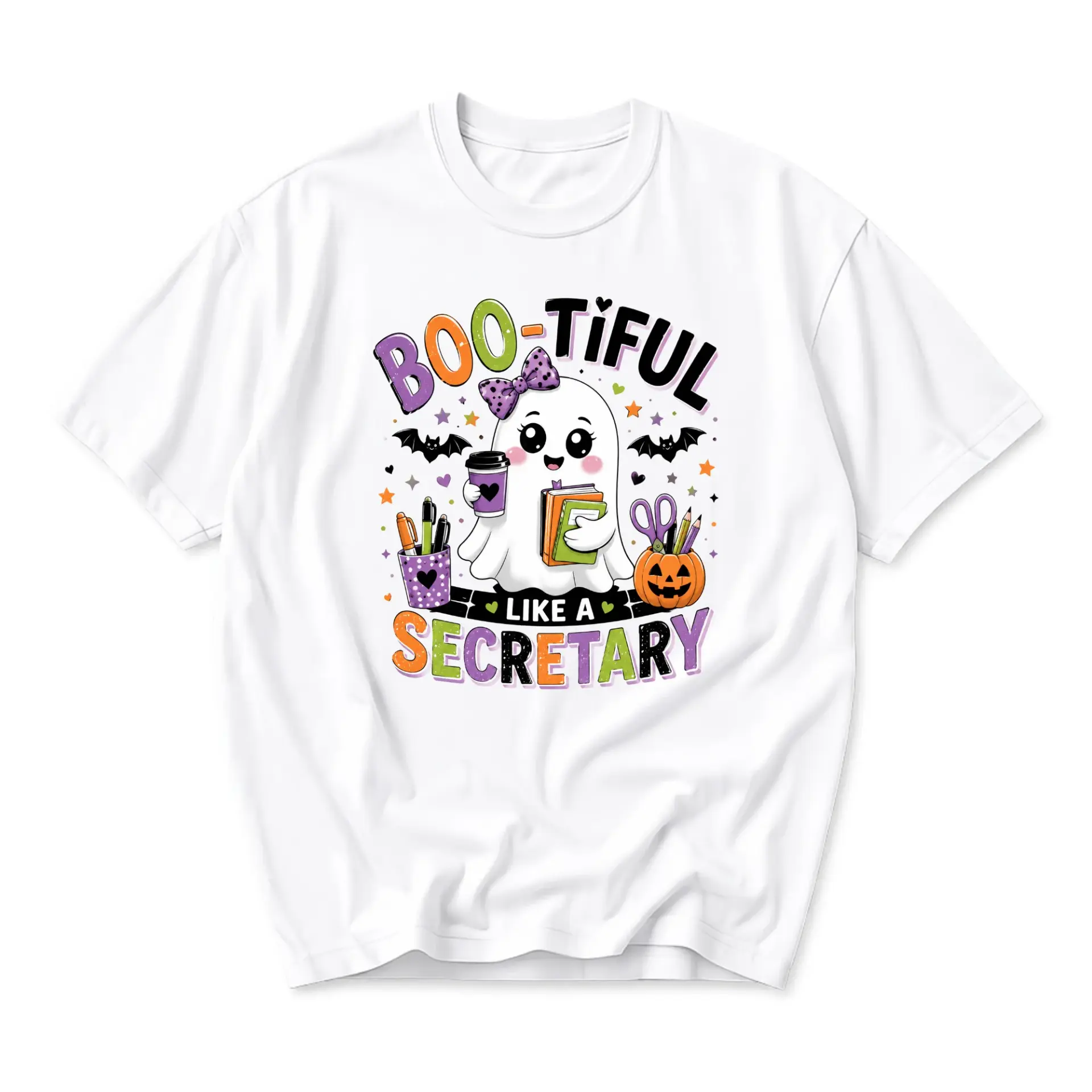 Graphic Tee Boo-Tiful Like a Secretary Cute Halloween Ghost Illustration Unisex Crew Neck Short Sleeve Shirt