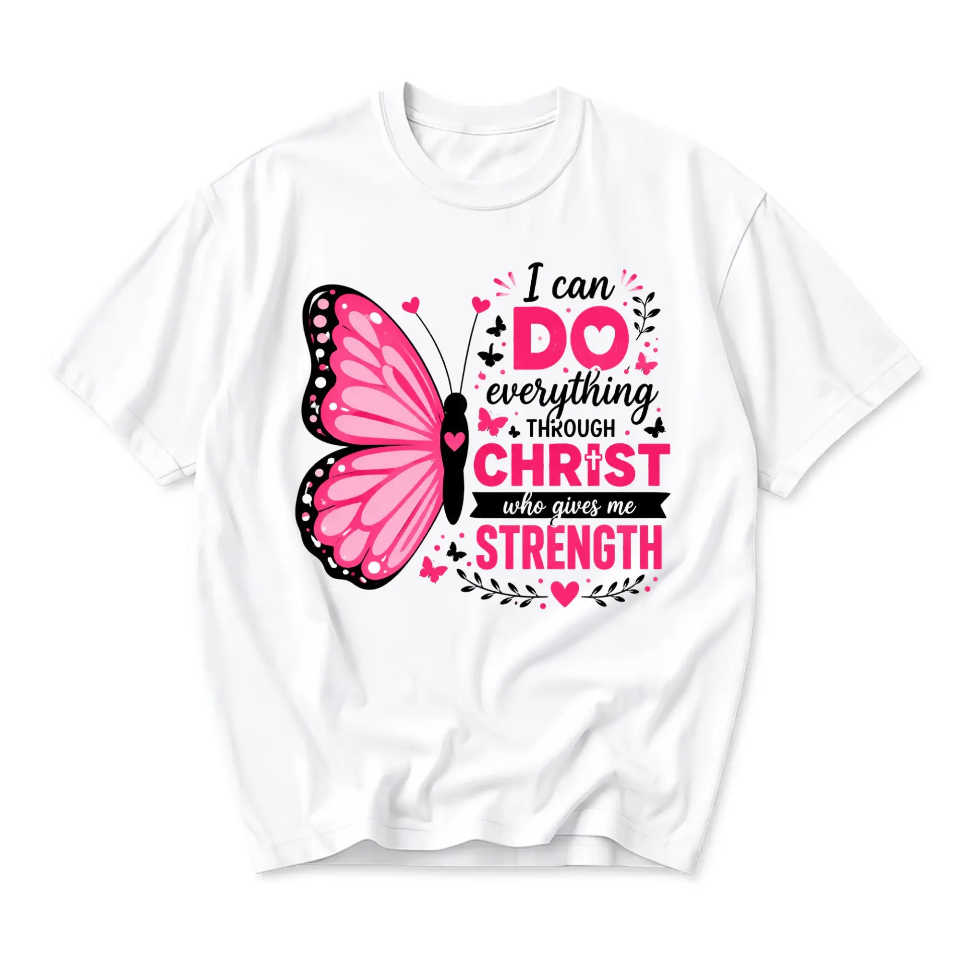 Graphic Tee Everything Through Christ Religious Inspirational Butterfly Print Unisex Short Sleeve Crew Neck Shirt