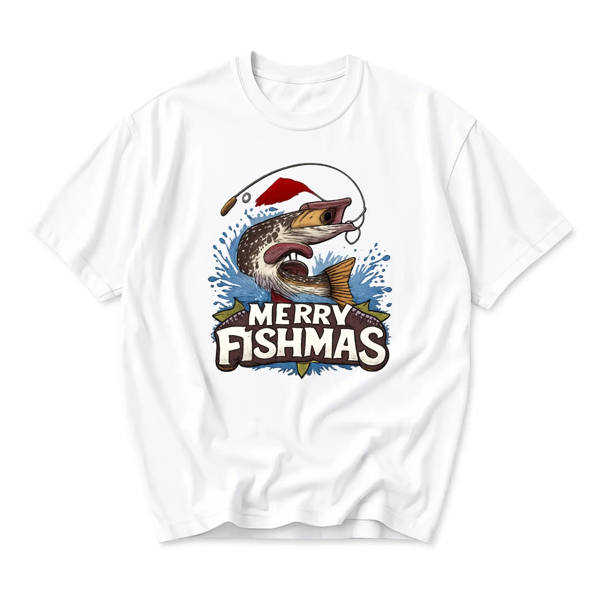 Funny Shirt Merry Fishmas Graphic Tee Unisex Crew Neck Casual Cotton Blend