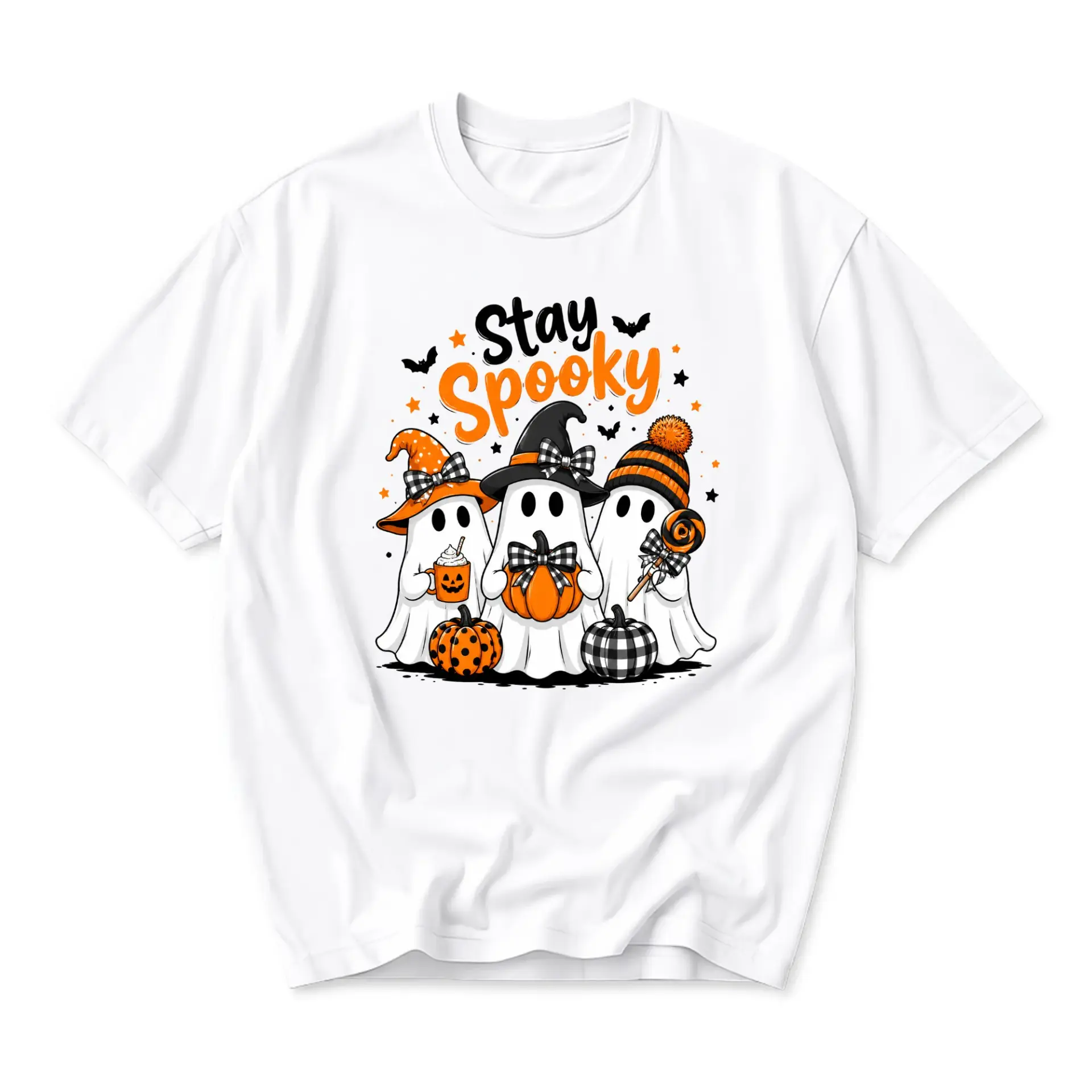 Graphic Tee Stay Spooky Halloween Ghost Shirt Unisex Crew Neck Short Sleeve Casual Cotton Blend Apparel White Clothing