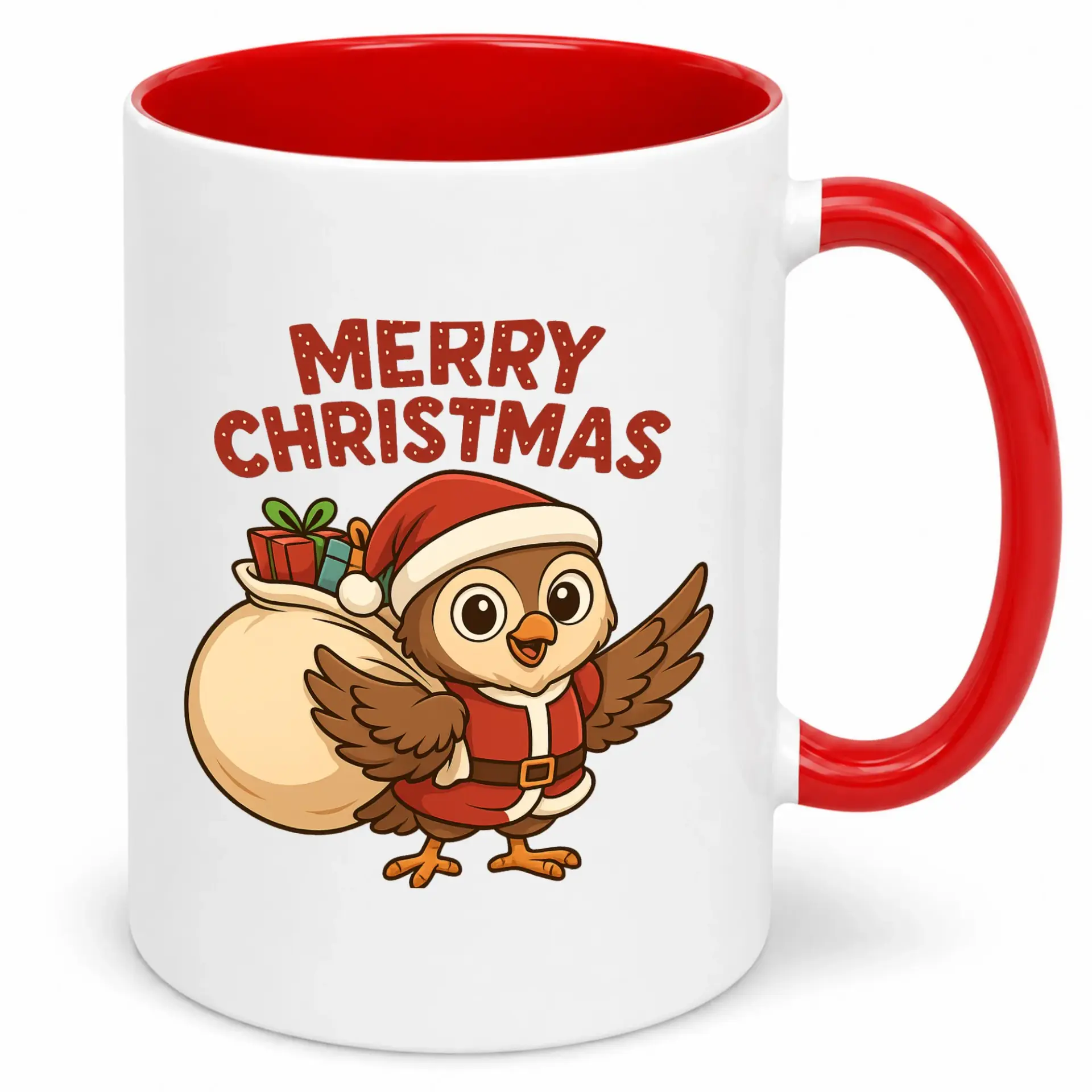 Funny Christmas Owl Ceramic Coffee Mug with Santa Outfit and Gift Sack Design, Festive Holiday Drinkware for Home and Office