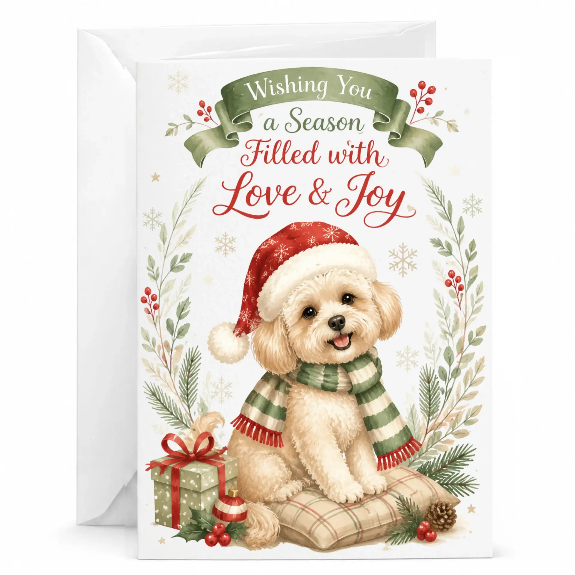 Greeting Card Holiday Season Puppy Wearing Santa Hat and Scarf Festive Christmas Greeting Card with White Envelope