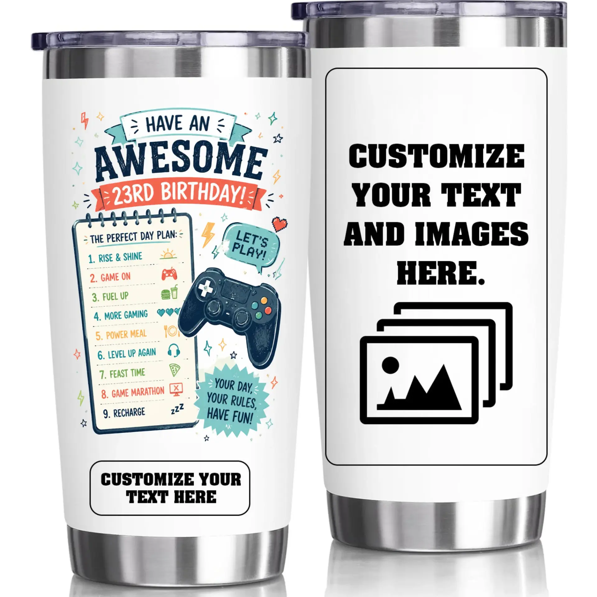 Stainless Steel Tumbler 20oz Birthday Gaming Theme Travel Cup Insulated Double Wall Vacuum Container for Hot Cold Drinks