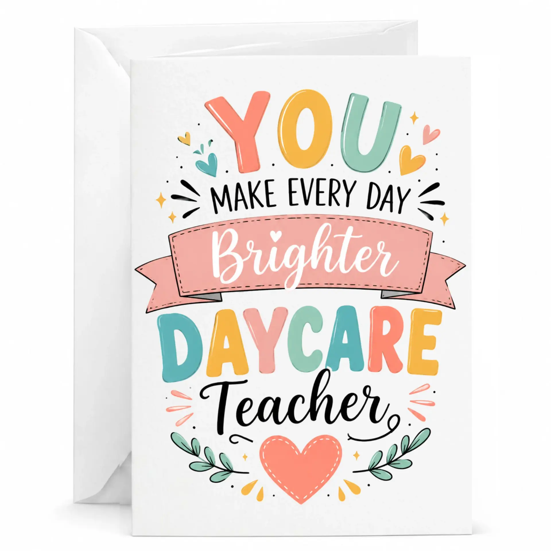 Greeting Card for Daycare Teacher with Colorful Bright Appreciation Design and Matching White Envelope
