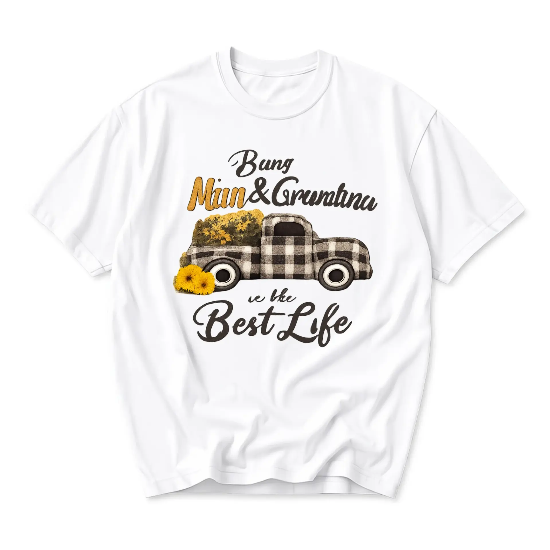 Graphic Tee Unisex Casual Shirt Featuring Plaid Truck and Floral Design for