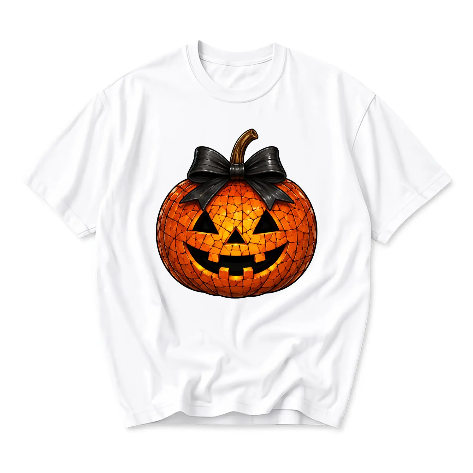 Graphic Tee Unisex Pumpkin with Black Bow Mosaic Art Print Casual Short Sleeve Crew Neck Cotton Blend Shirt White