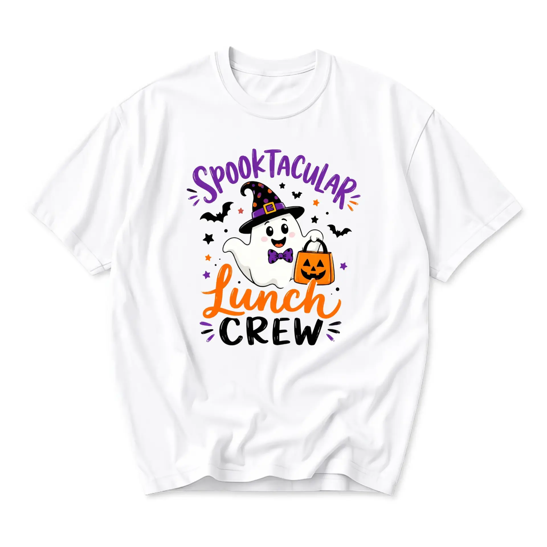 Funny Shirt Spooktacular Lunch Crew Ghost Graphic Tee Unisex Crew Neck Short Sleeve Casual Cotton Blend Holiday Top