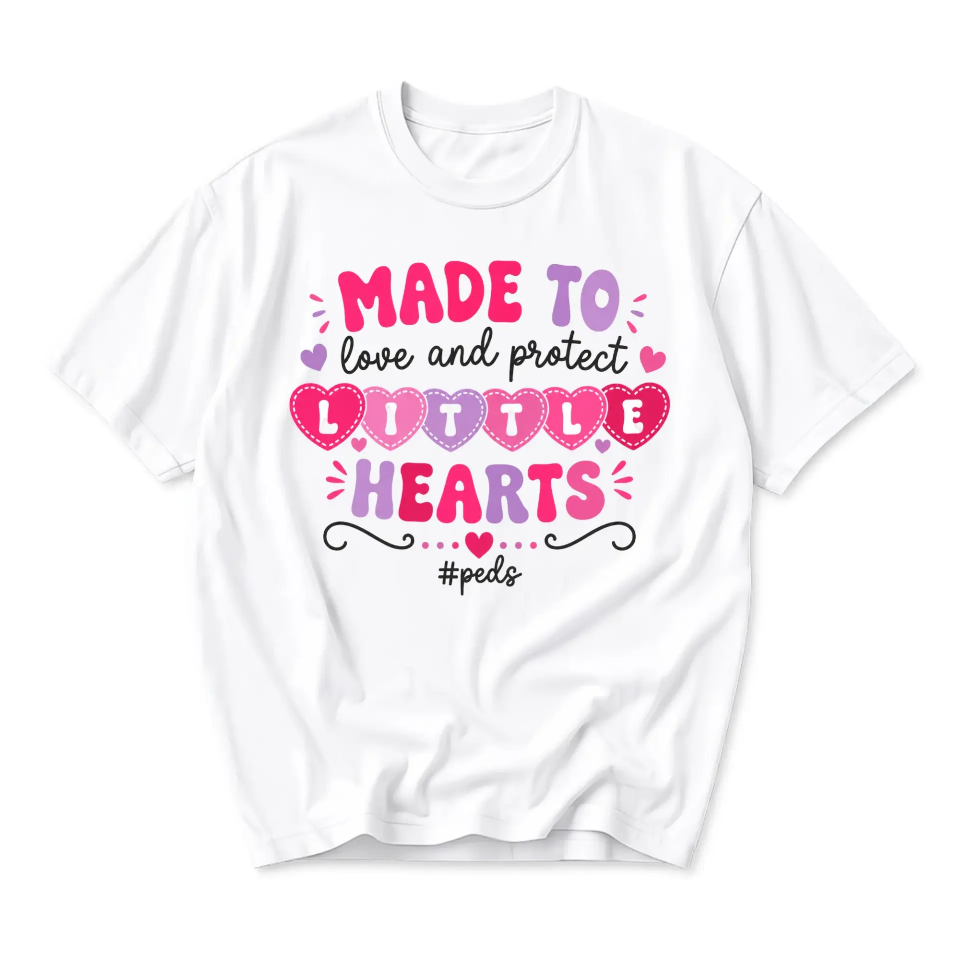 Graphic Tee Made to Love and Protect Little Hearts T-Shirt Unisex Casual Crew Neck Short Sleeve Top Apparel White