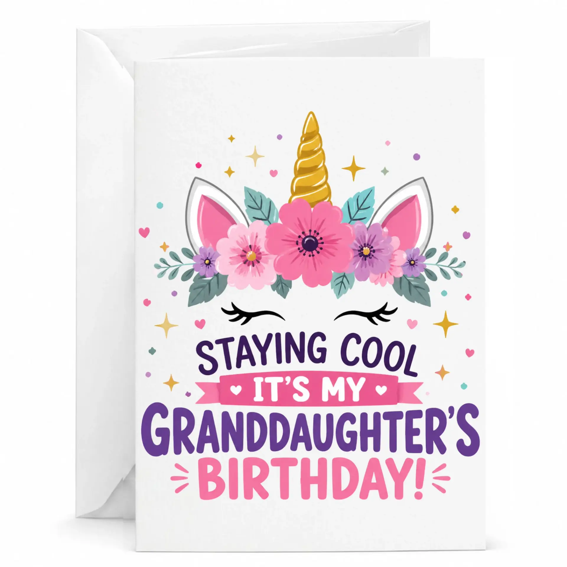 Funny Granddaughter Birthday Greeting Card Featuring Floral Unicorn Illustration with Decorative Stars and Hearts