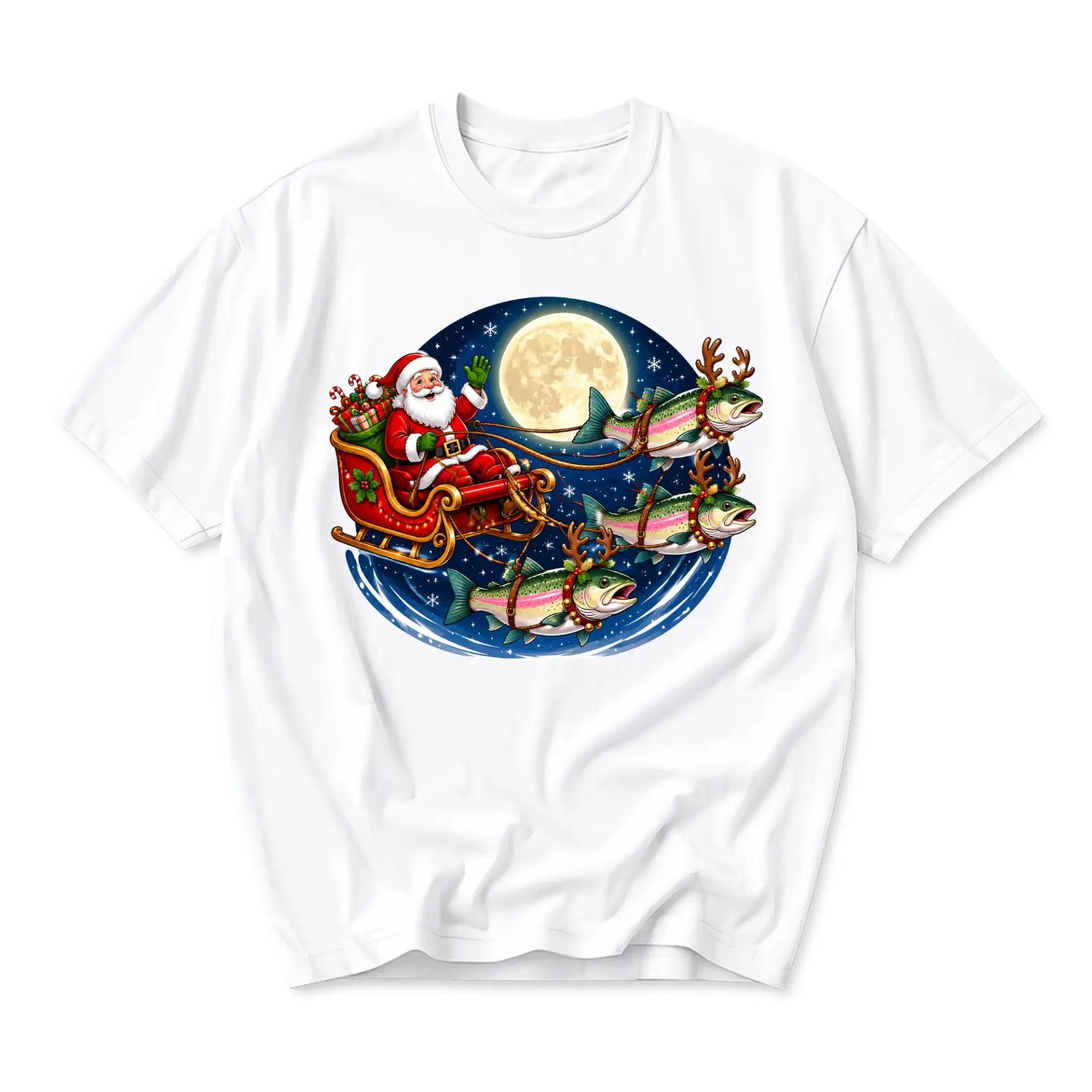 Graphic Tee Santa Claus Riding Sleigh Pulled by Rainbow Trout Fish Holiday Themed Casual Unisex Crew Neck Shirt