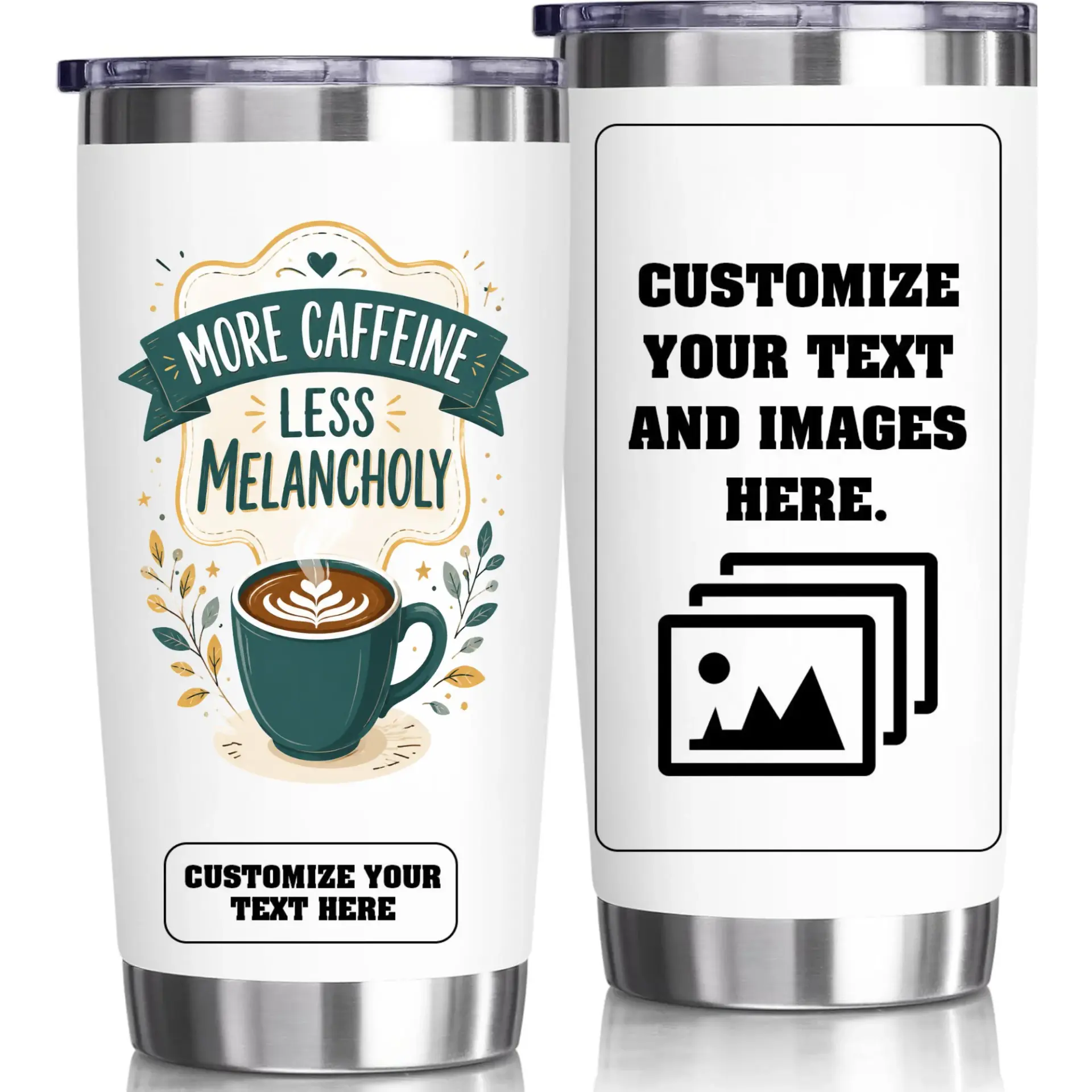 Stainless Steel Tumbler More Caffeine Less Melancholy Coffee Mug 20oz Vacuum Insulated Travel Cup for Hot Cold Drinks