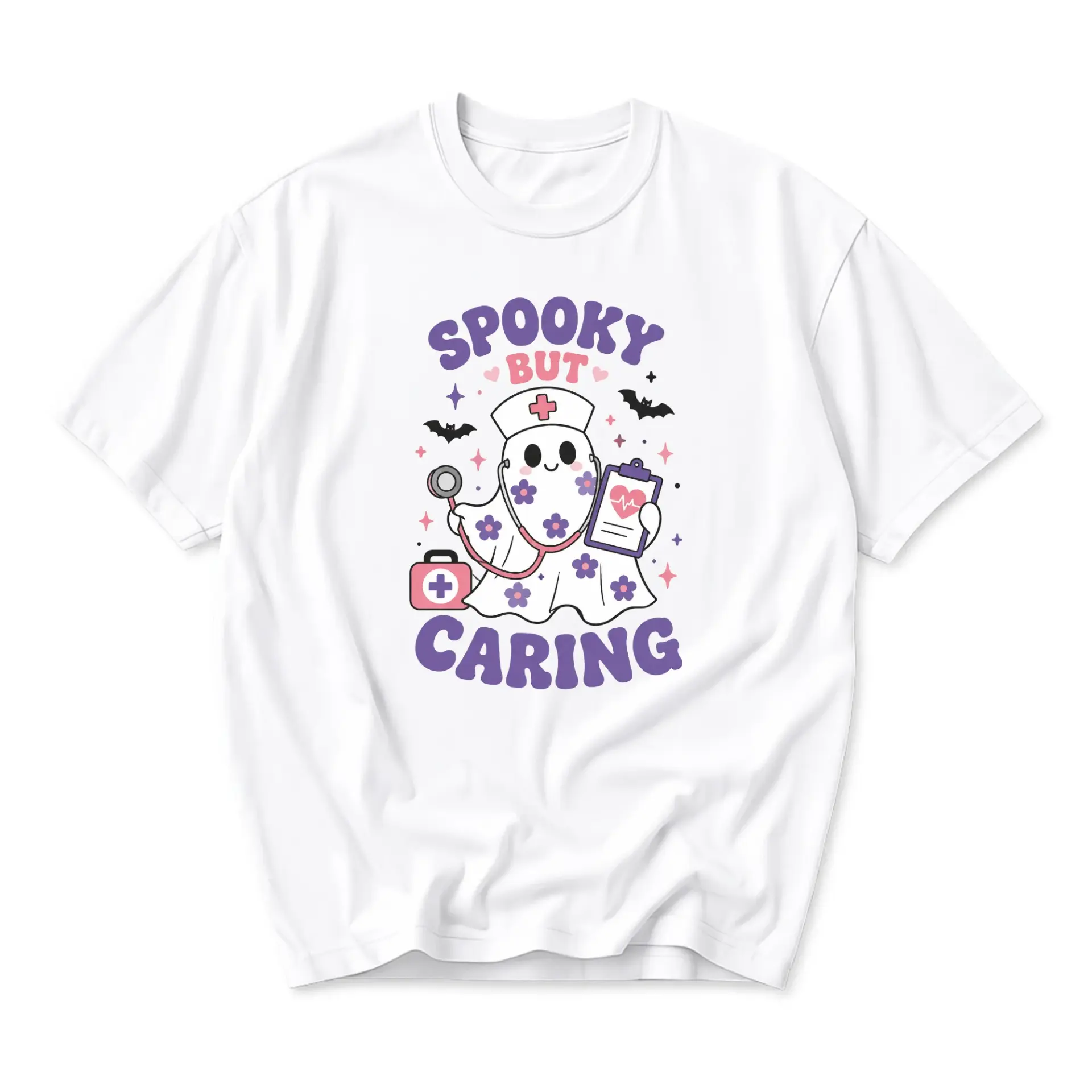 Funny Shirt Spooky but Caring Ghost Nurse Graphic Tee Retro Style Unisex Crew Neck Casual Everyday Wear Soft Cotton