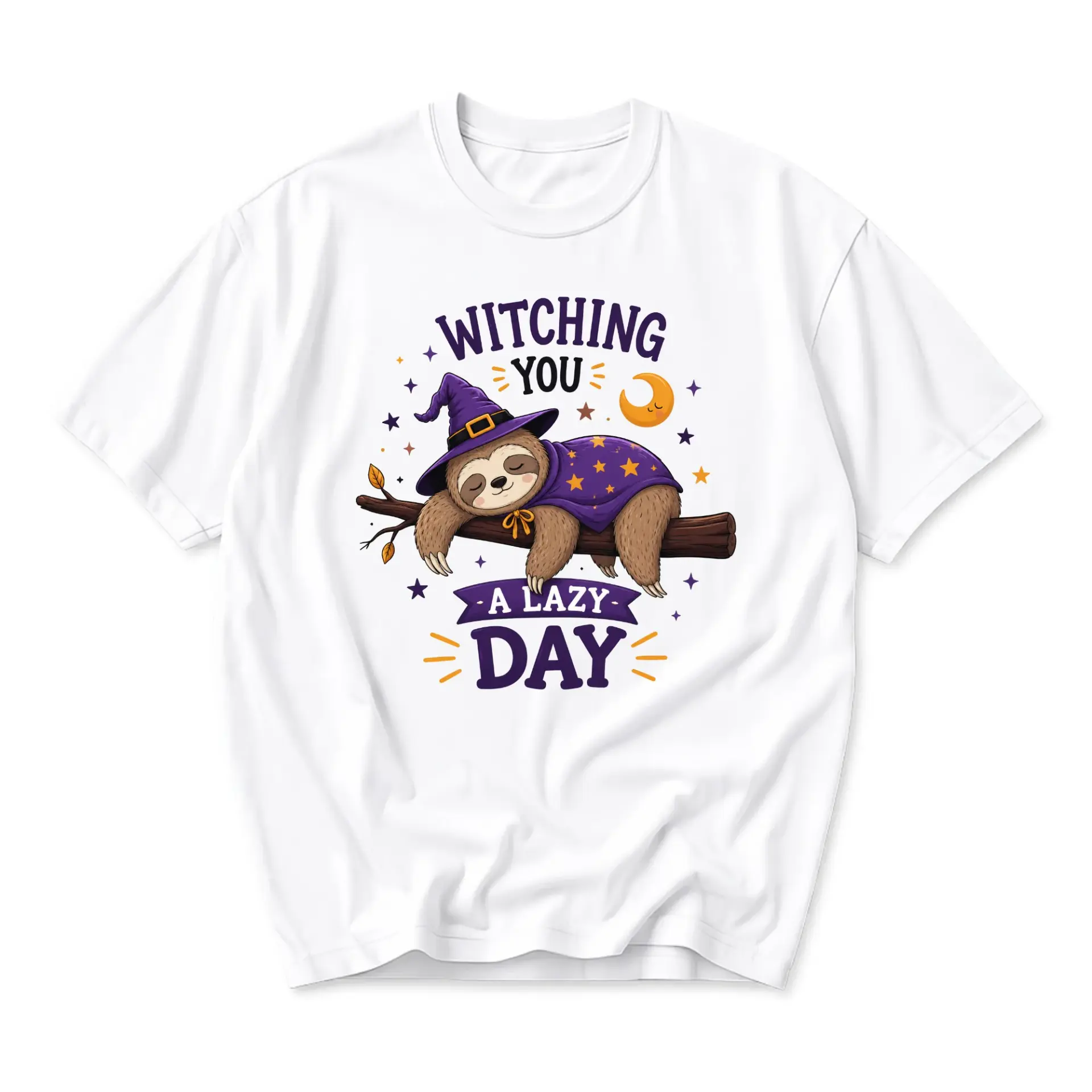 Funny Shirt Witching You a Lazy Day Graphic Tee Cute Sloth Wearing Wizard Hat Illustration Unisex Crew Neck Top