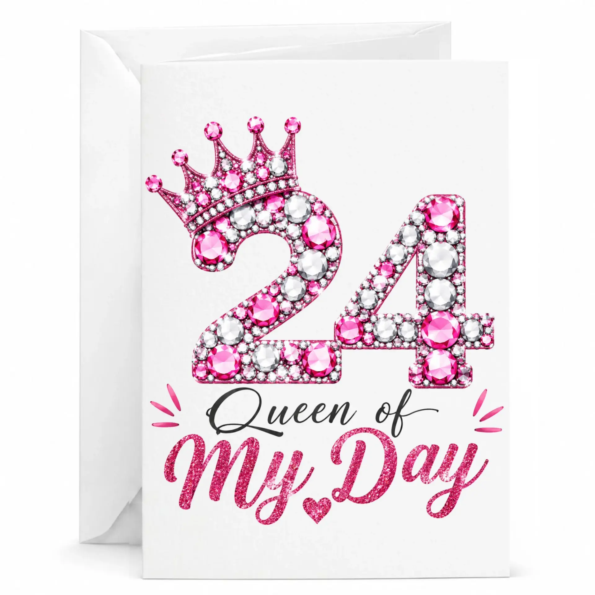 Birthday Card Queen of My Day Elegant Pink Jewel Number Twenty Four Greeting Card for Her with Matching White Envelope