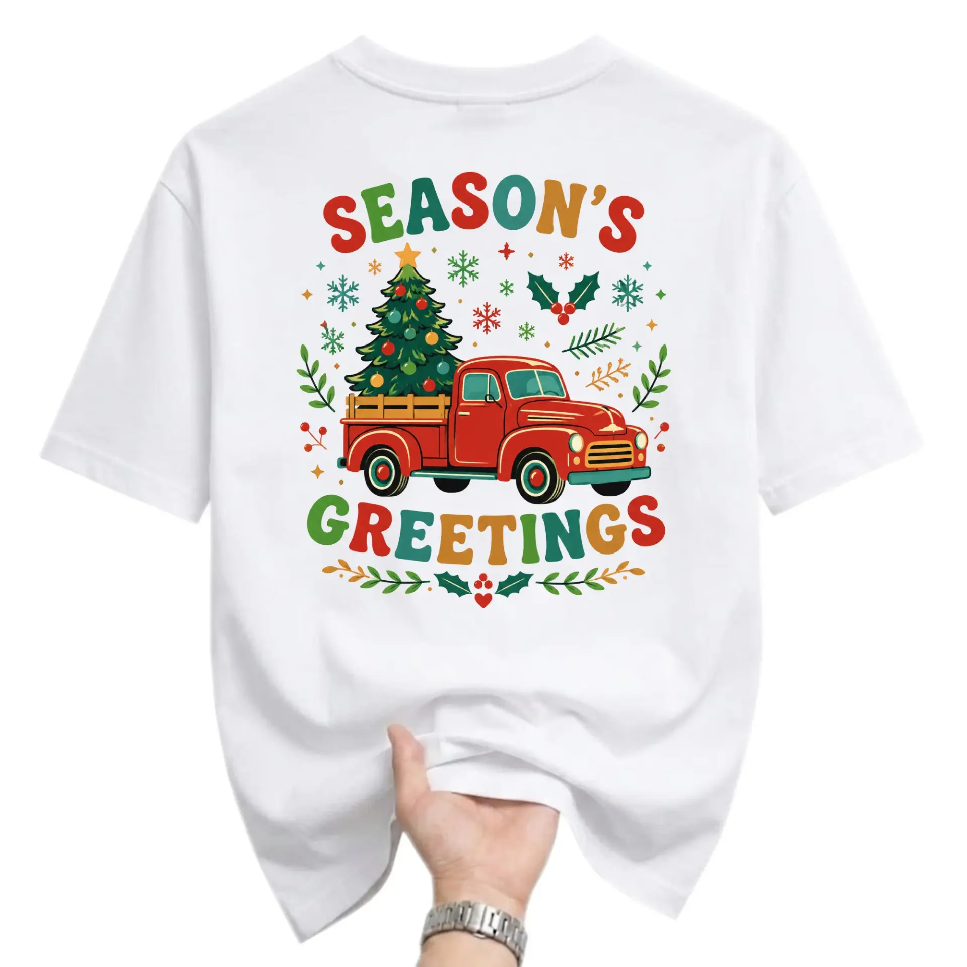 T-shirt Season's Greetings Vintage Red Truck Christmas Tree Graphic Tee Unisex Casual Short Sleeve Cotton Top