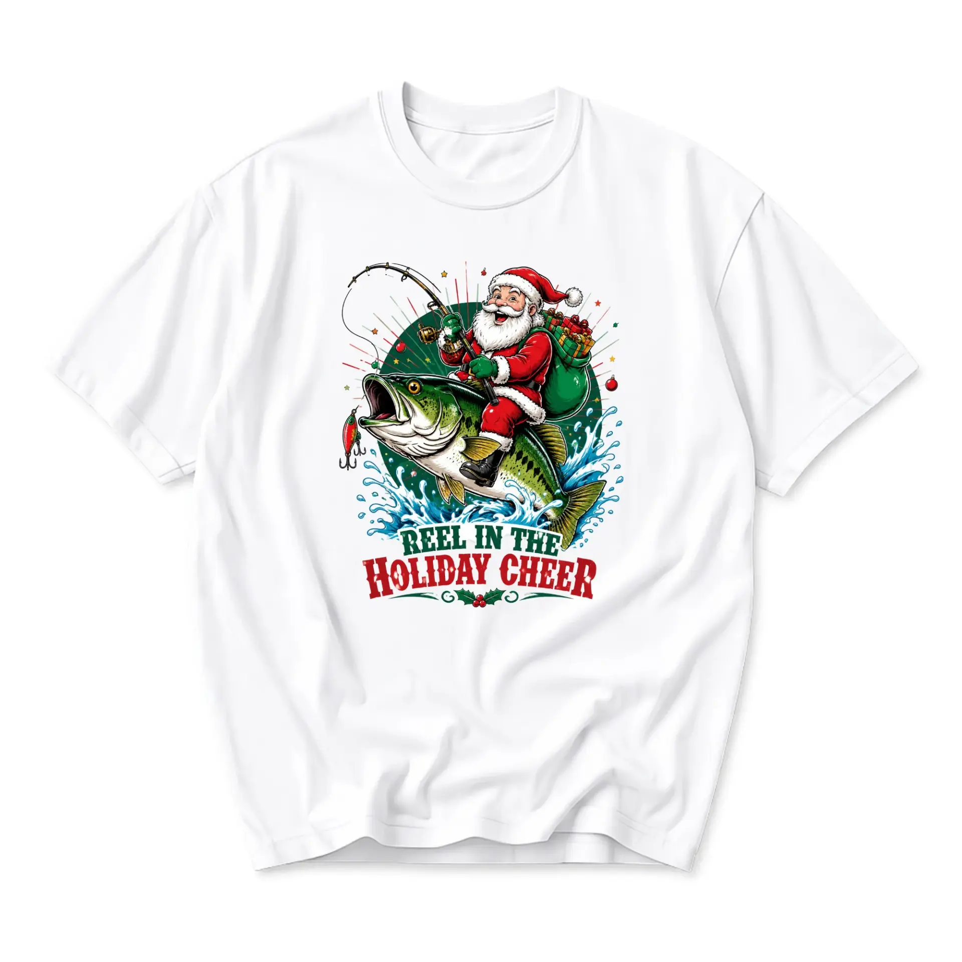 Funny Shirt Reel in the Holiday Cheer Graphic Tee Santa Claus Fishing