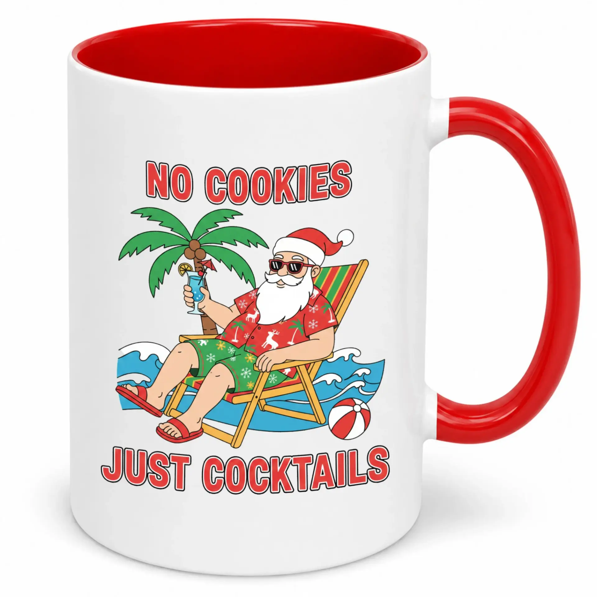 Funny Christmas Ceramic Coffee Mug for Holiday Beach Lovers; Relaxed Santa Vacation Cocktail Themed Drinkware Gift Idea
