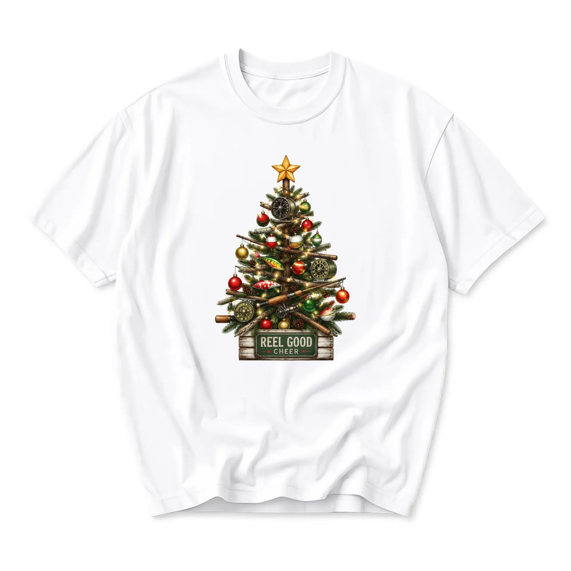 Funny Shirt Reel Good Cheer Christmas Tree Fishing Graphic Tee Unisex Short