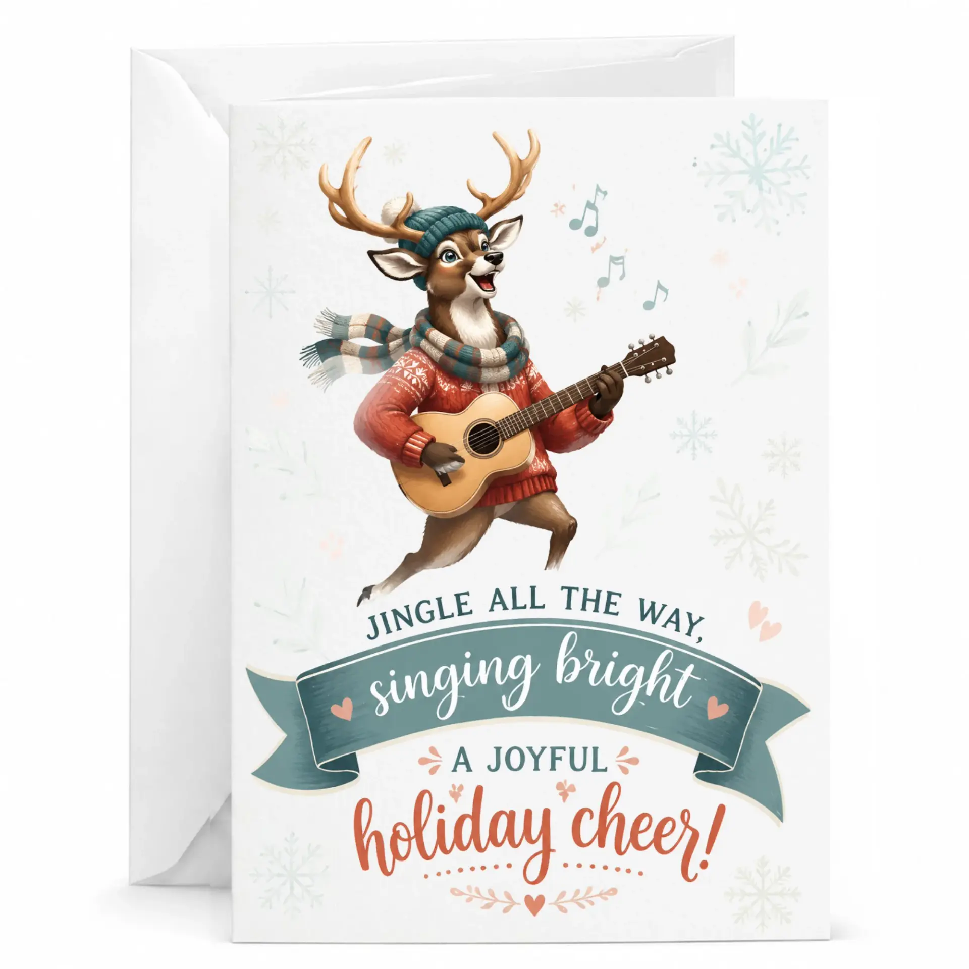 Greeting Card with Cheerful Reindeer Playing Acoustic Guitar Featuring Festive Holiday Song Lyrics for Season