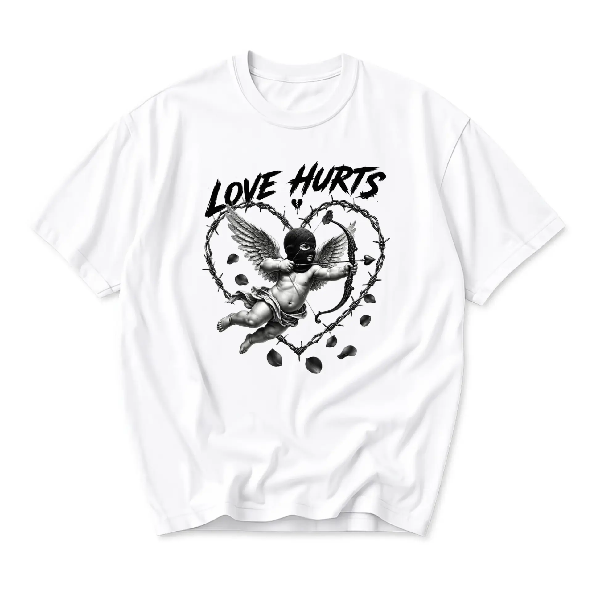 Graphic Tee Love Hurts Cupid with Mask Artistic Design Unisex Crew Neck Soft Cotton Blend Everyday Casual Shirt