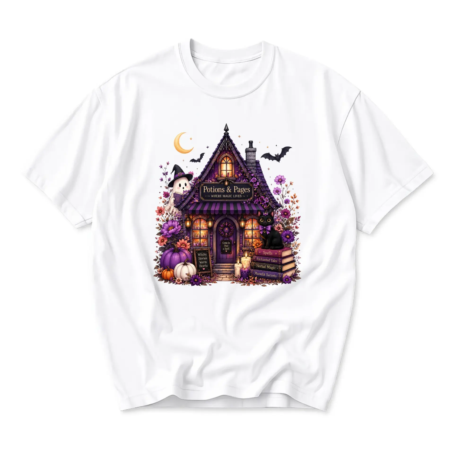 T-shirt Graphic Tee Featuring Witchy Bookstore Illustration with Flowers and Magical Elements for Casual Everyday Wear