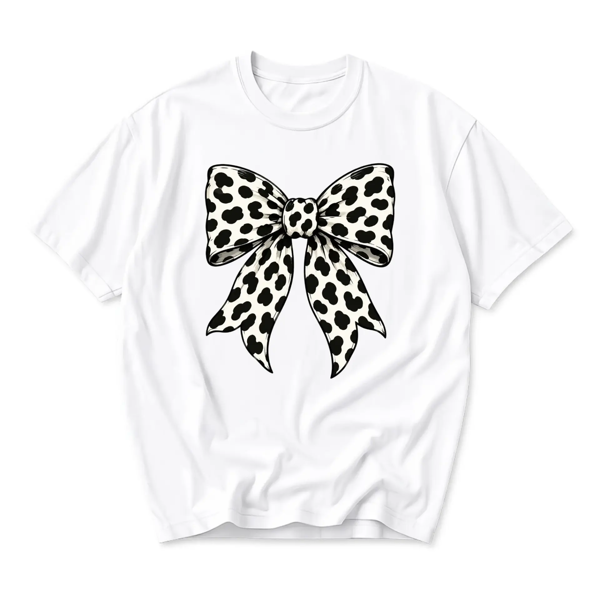 Graphic Tee Unisex Short Sleeve Crew Neck Shirt Featuring a Large Artistic Cow Print Bow Illustration Casual Top