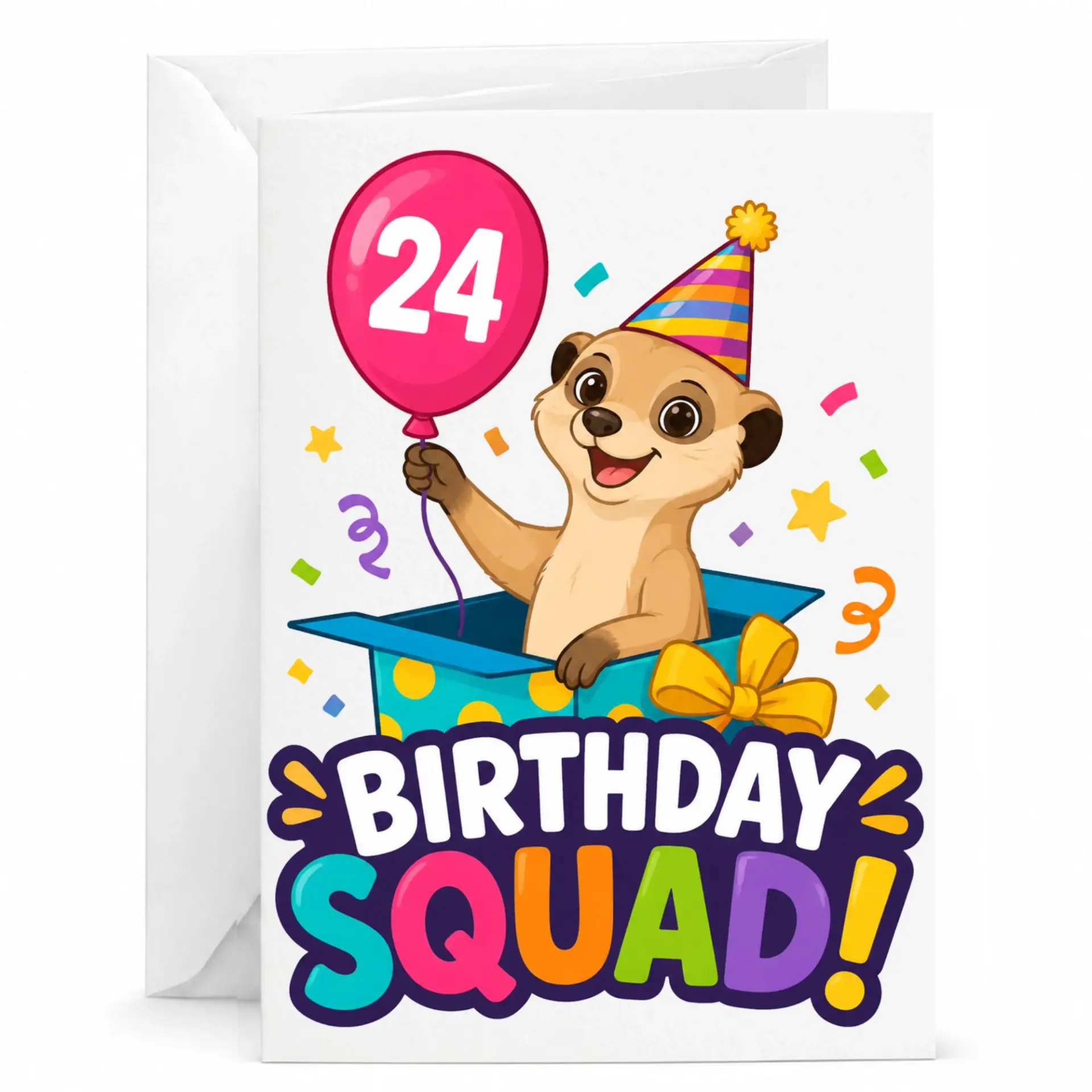 Birthday Card Featuring a Cute Meerkat Wearing a Party Hat Holding a Number 24 Balloon for Milestone Celebration