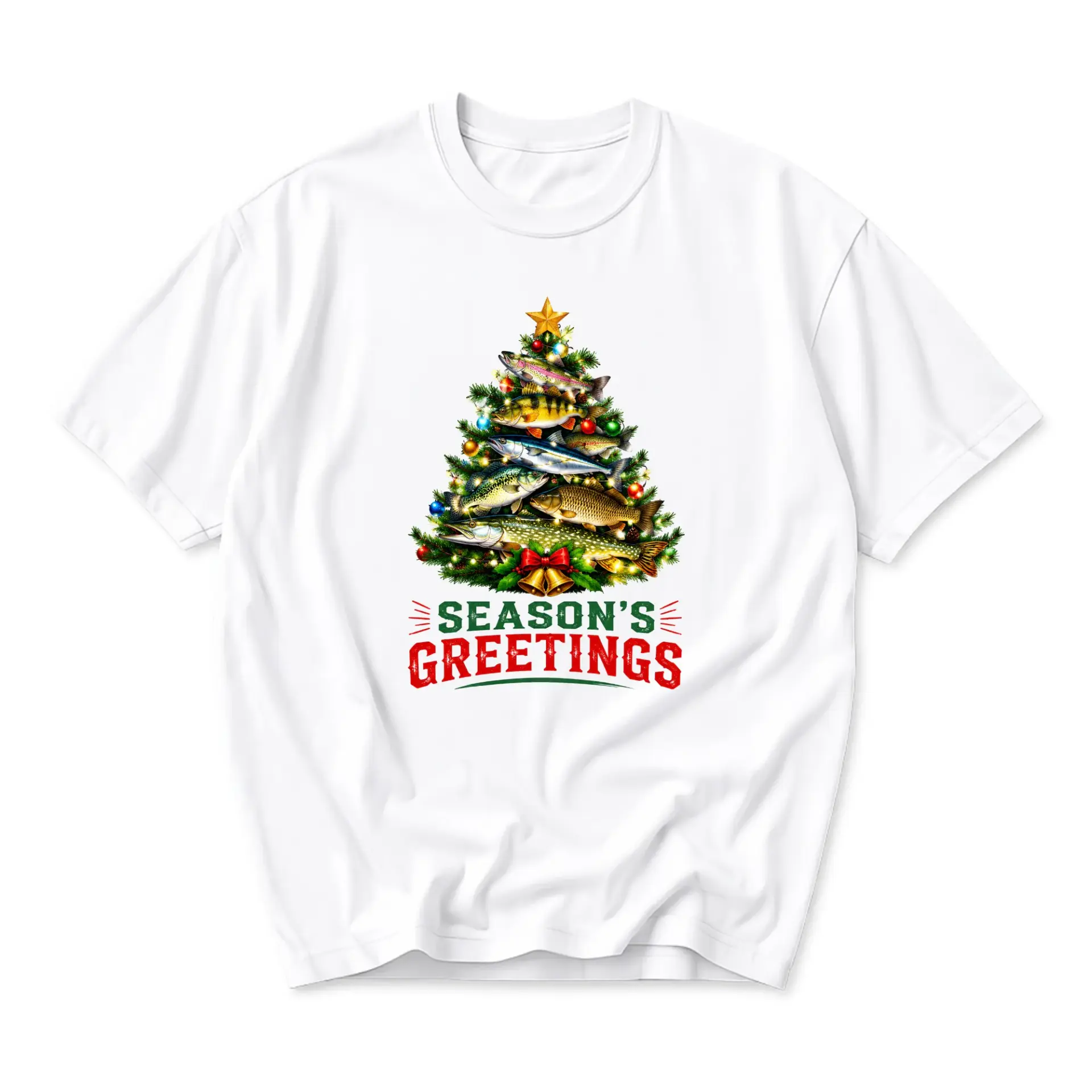 Funny Shirt Christmas Fishing Graphic Tee Seasonal Unisex Crew Neck Cotton Blend Holiday Apparel for Casual Wear