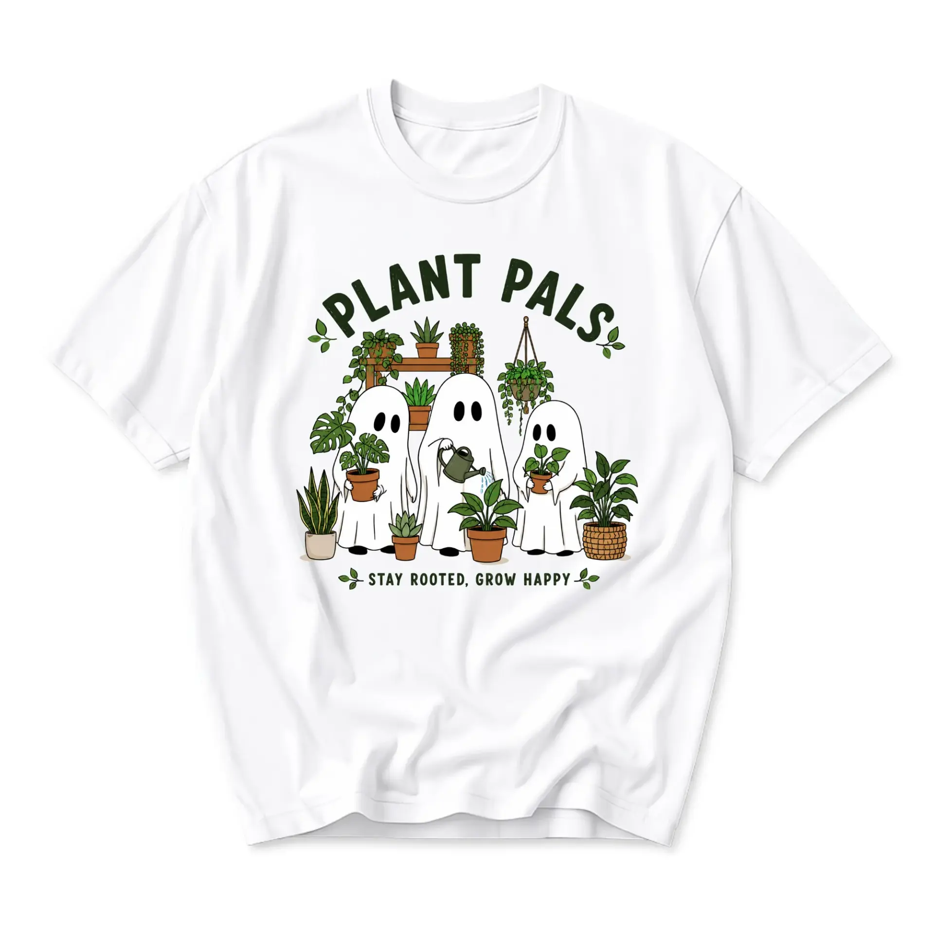 Graphic Tee Plant Pals Ghost Shirt Unisex Crew Neck Short Sleeve Cotton Casual Botanical Humor Top for Nature Lovers
