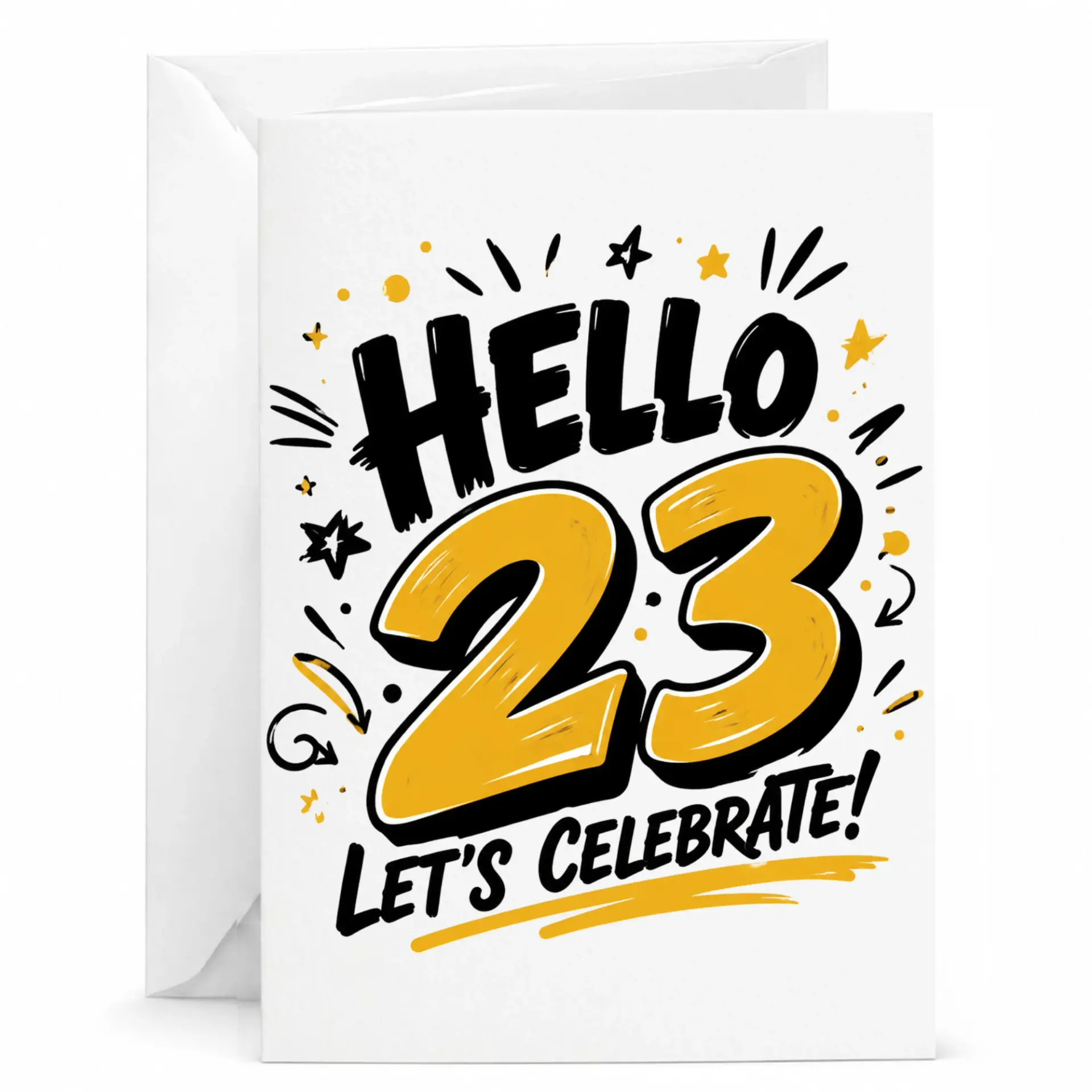 Birthday Card Hello 23 Let's Celebrate Handwritten Style Graphic Design Greeting Card with Matching White Envelope