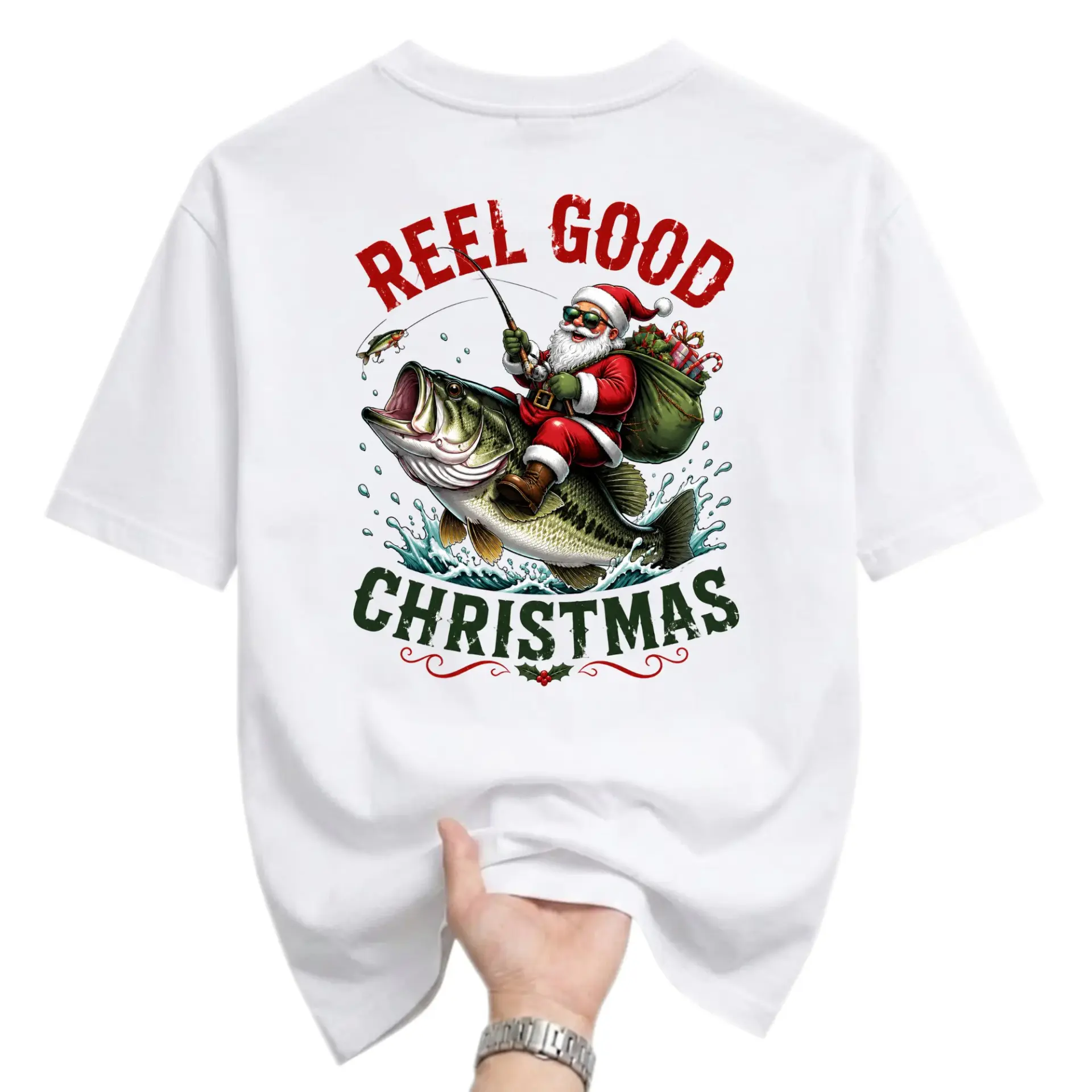 Funny Shirt Reel Good Christmas Santa Fishing Graphic Tee Unisex Cotton Crew Neck Holiday Seasonal Apparel White Casual