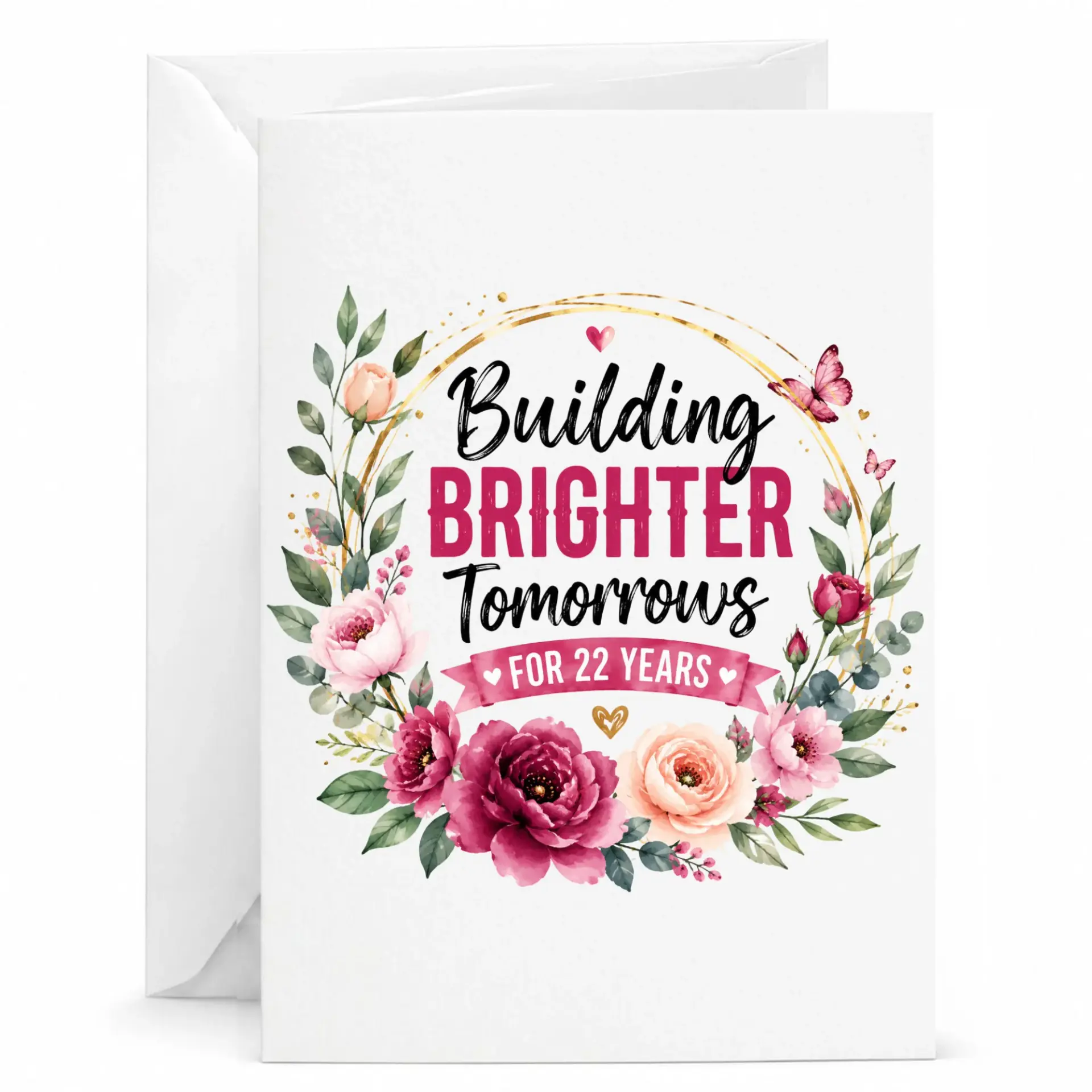 Greeting Card for 22nd Anniversary Milestone Featuring Floral Wreath Design and Building Brighter Tomorrows Message