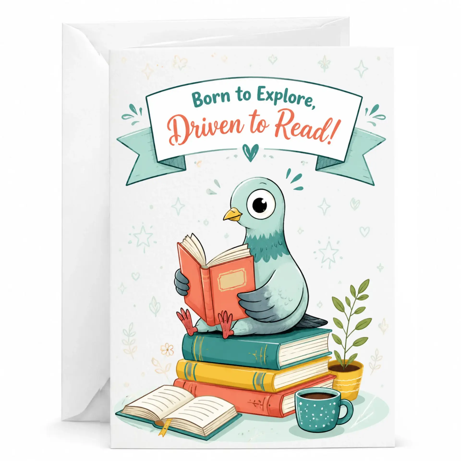 Funny Pigeon Greeting Card, Book Lover Illustrated Stationery for Reading Enthusiasts, 5x7 Folded Card with Envelope