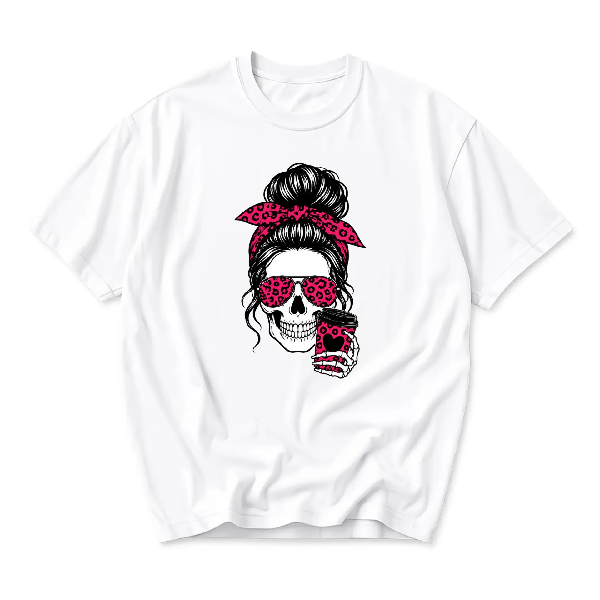 Graphic Tee Skull with Messy Bun and Coffee Design Unisex Casual Crew Neck T-Shirt for Everyday Comfortable Fashion Wear