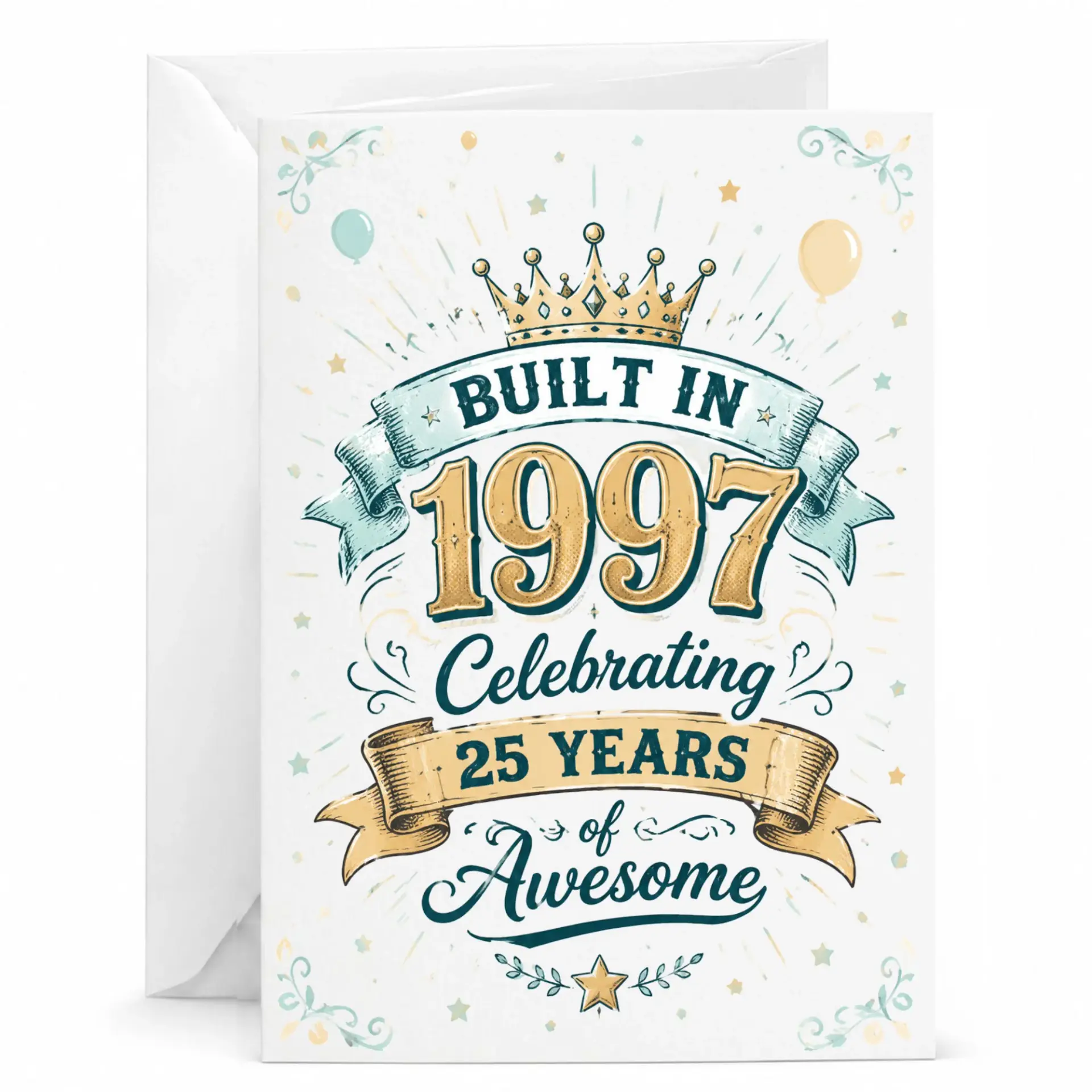 Birthday Card Built in 1997 Celebrating 25 Years of Awesome Vintage Style Gold Crown Greeting Card with Envelope