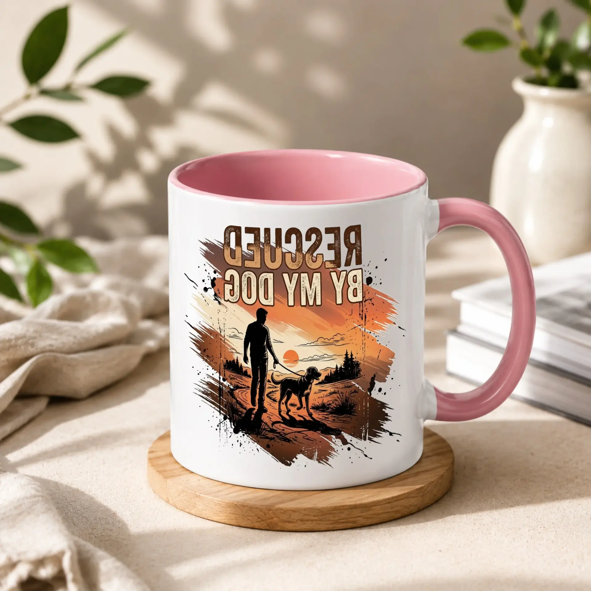Rescued by My Dog Ceramic Coffee Mug Two Blue Handle Novelty Drinkware Gift for Pet Owners and Lovers