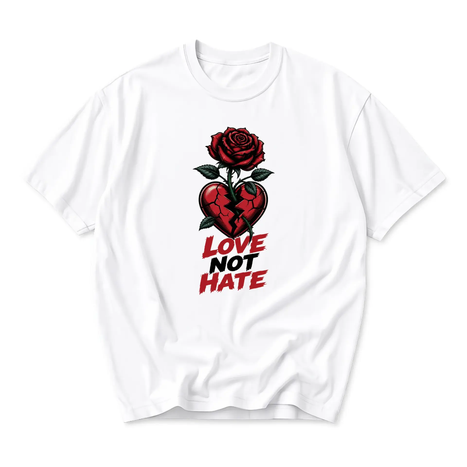 Graphic Tee Unisex Crew Neck Short Sleeve Shirt with Love Not Hate Red Rose and Broken Heart Artistic Back Print